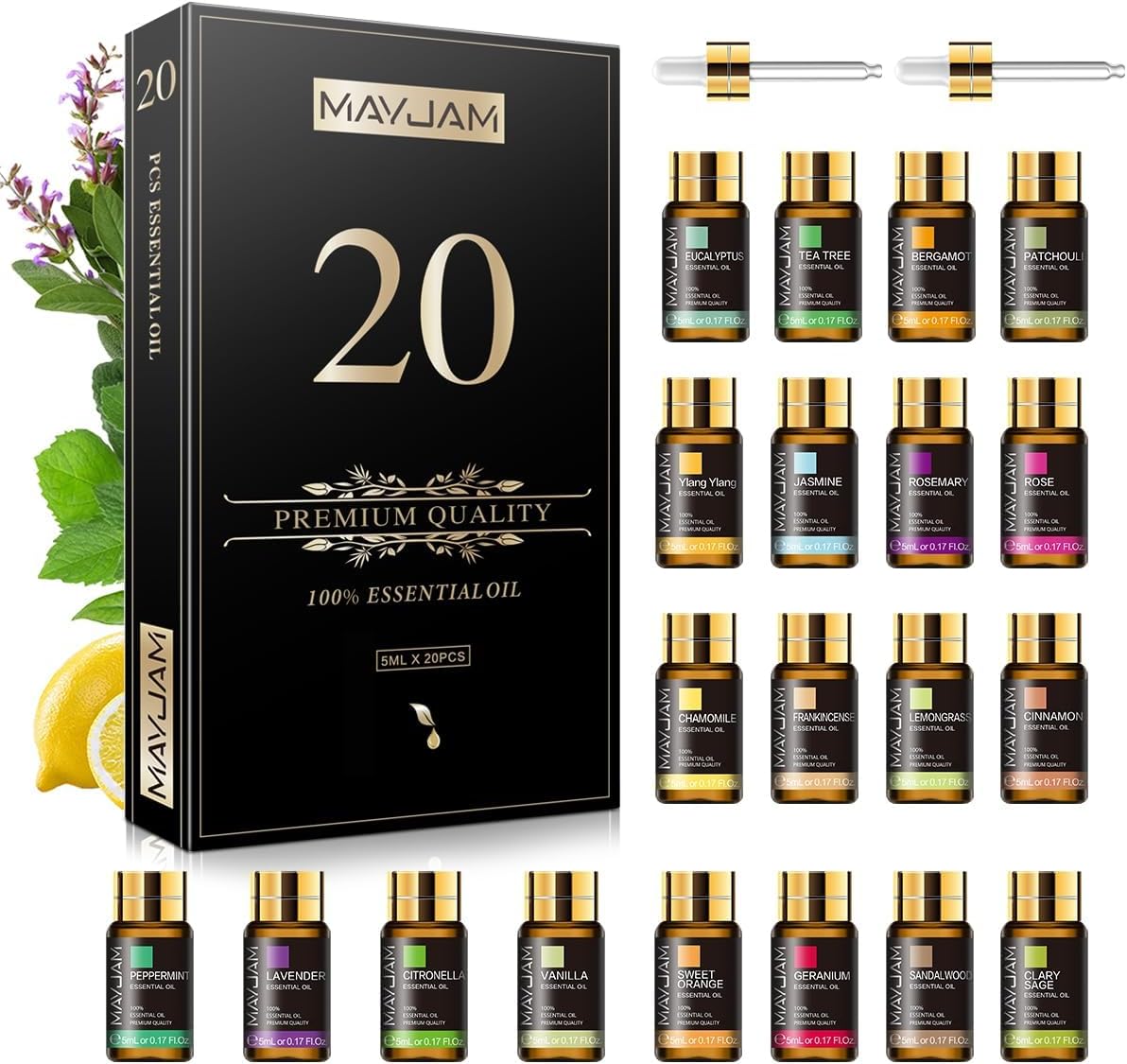 MAYJAM 20 Pcs Pure Essential Oil Gift Set, Essential Oils for Diffusers for Home, Aromatherapy Oils for Diffuser, Humidifiers, Gift for Friend (5ML)