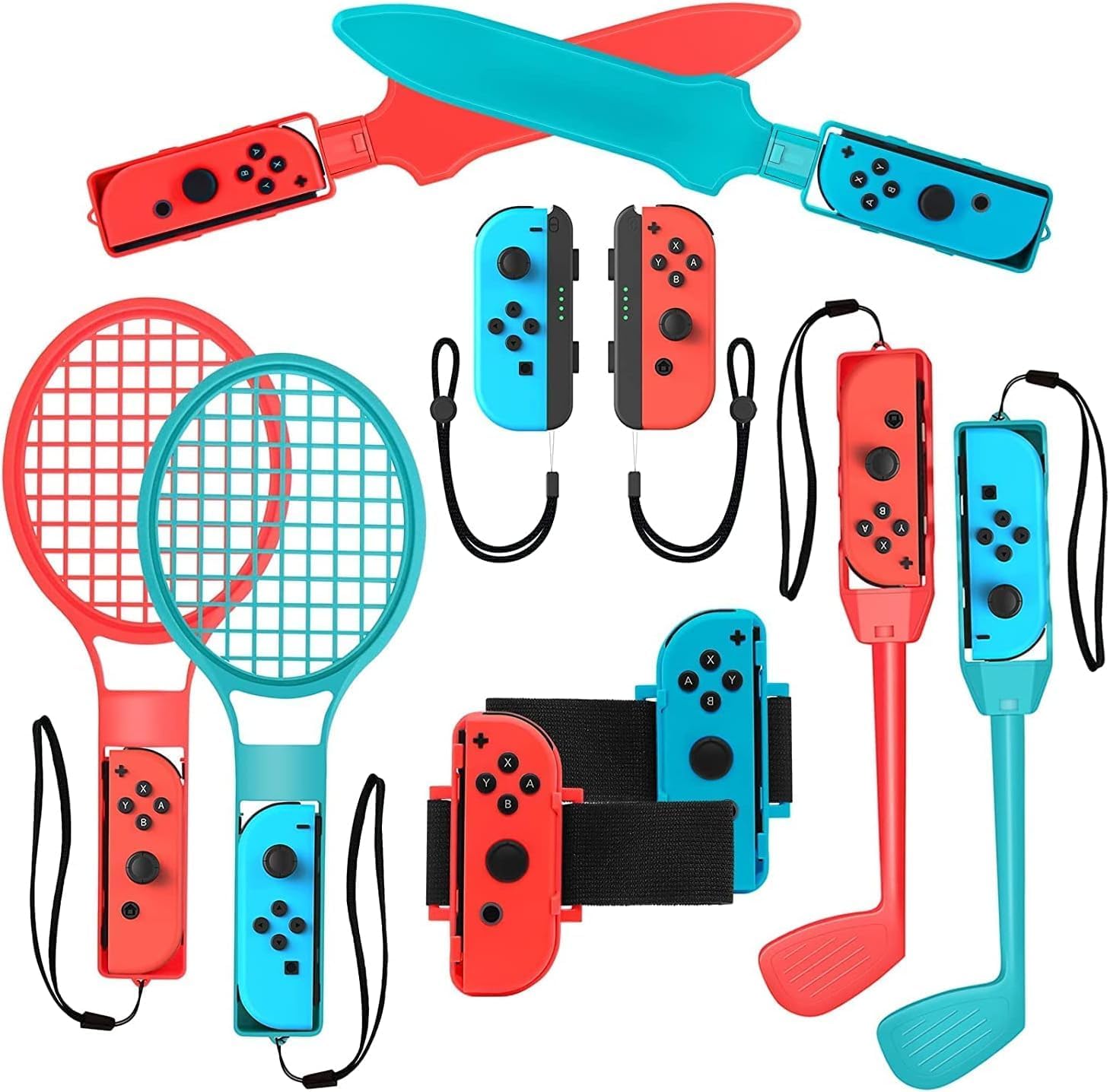 2025 Nintendo Switch Sports Accessories Bundle - HLRAO 10 in 1 Family Accessories Kit for Switch & Switch OLED Sports Games:Tennis Rackets,Sword Grips,Golf Clubs,Wrist Dance Bands & Leg Strap etc.