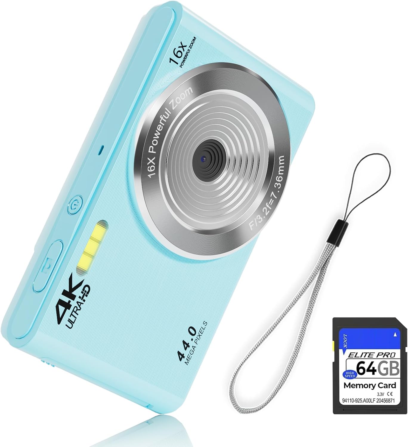 Digital Camera FHD 4K 44MP with 64GB SD Card 16X Digital Zoom Point and Shoot Digital Camera Blue Auto Focus 1080P Compact Cheap Small Simple Camera Gifts for Teens Kids Boys Girls (MilkyBlue)