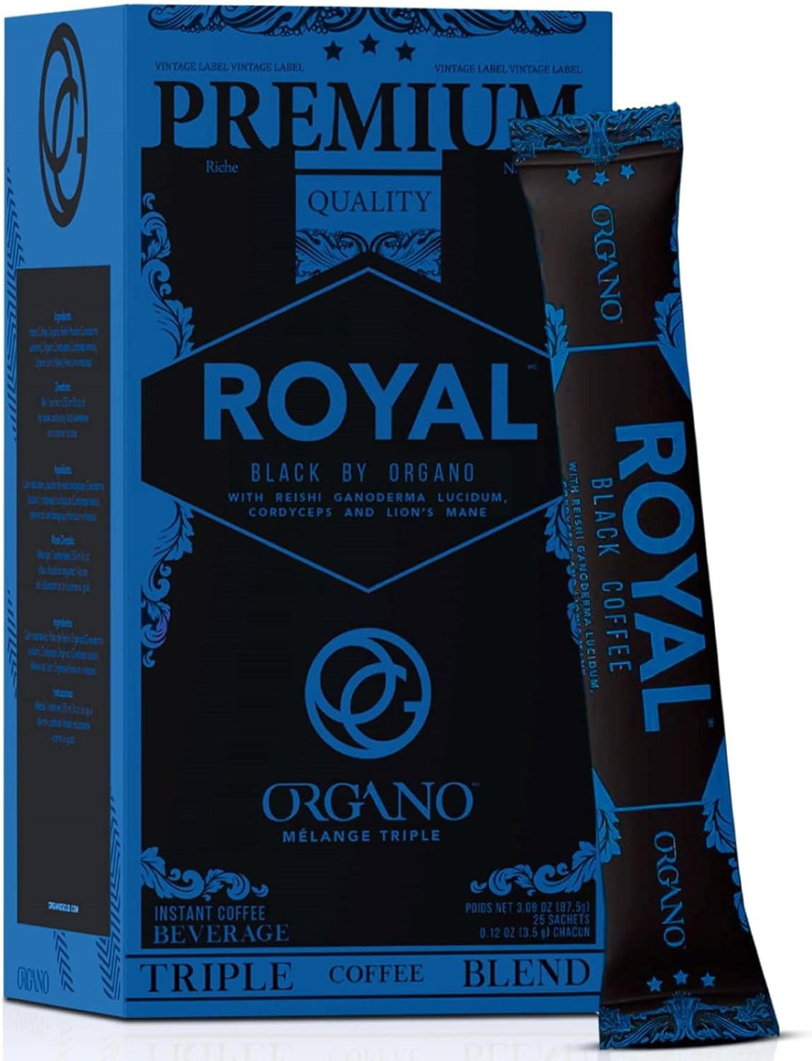 ORGANO Instant Royal Black Medium Dark Roast Instant coffee. Infused with Triple Mushroom Blend, Ganoderma, Cordyceps and Lion's Mane. Aromatic and flavorful Ground Coffee Beans (25 Sachets)