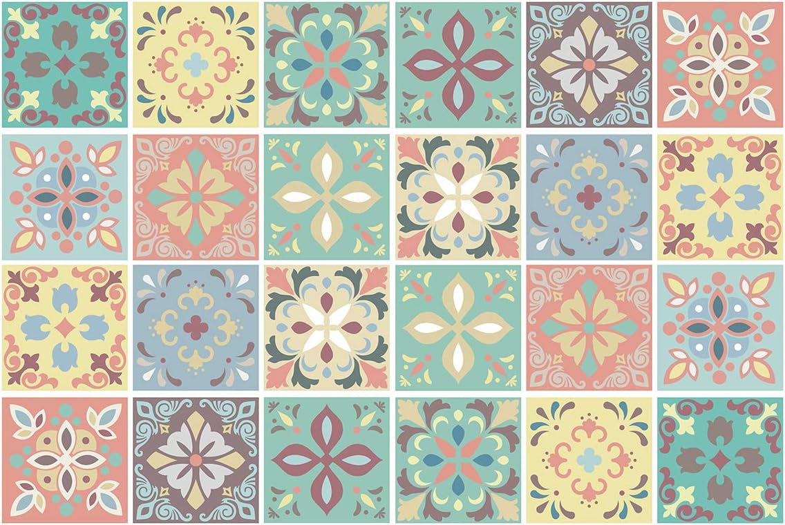 WALPLUS Bathroom Tile Stickers 15cm x 15cm (6") Self Adhesive Stick on Tiles Kitchen Removable Peel and Stick Backsplash Marbella Colorful Stairs Walls Renovation 24 PCS