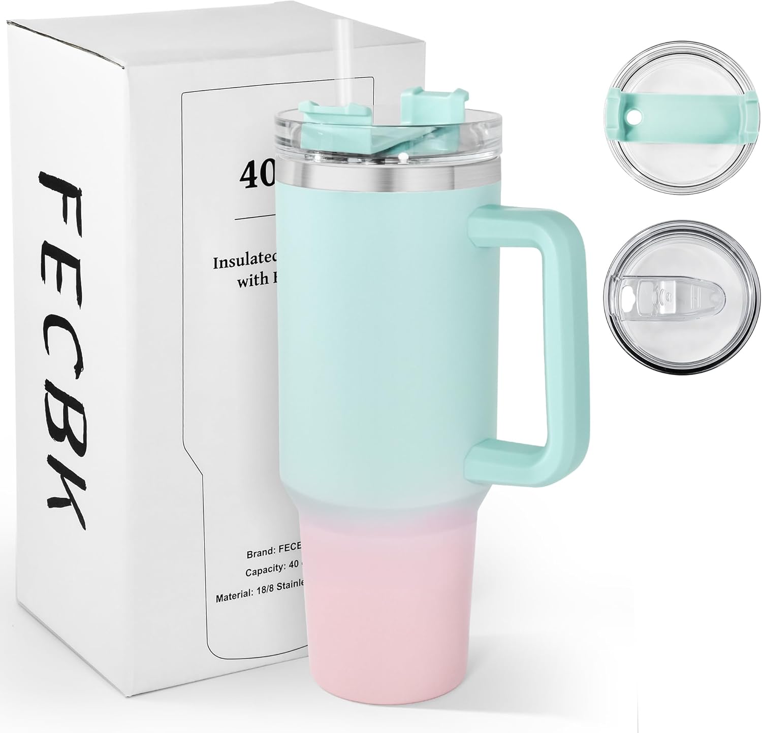 FECBK 40oz Tumbler with Straw and Lid 1.2L, 100% Leak-Proof Travel Mug with Handle, Stainless Steel Vacuum Insulated Water Bottle Keeps Cold for 34H / Hot 12H, Dishwasher Safe, Bubble Gum