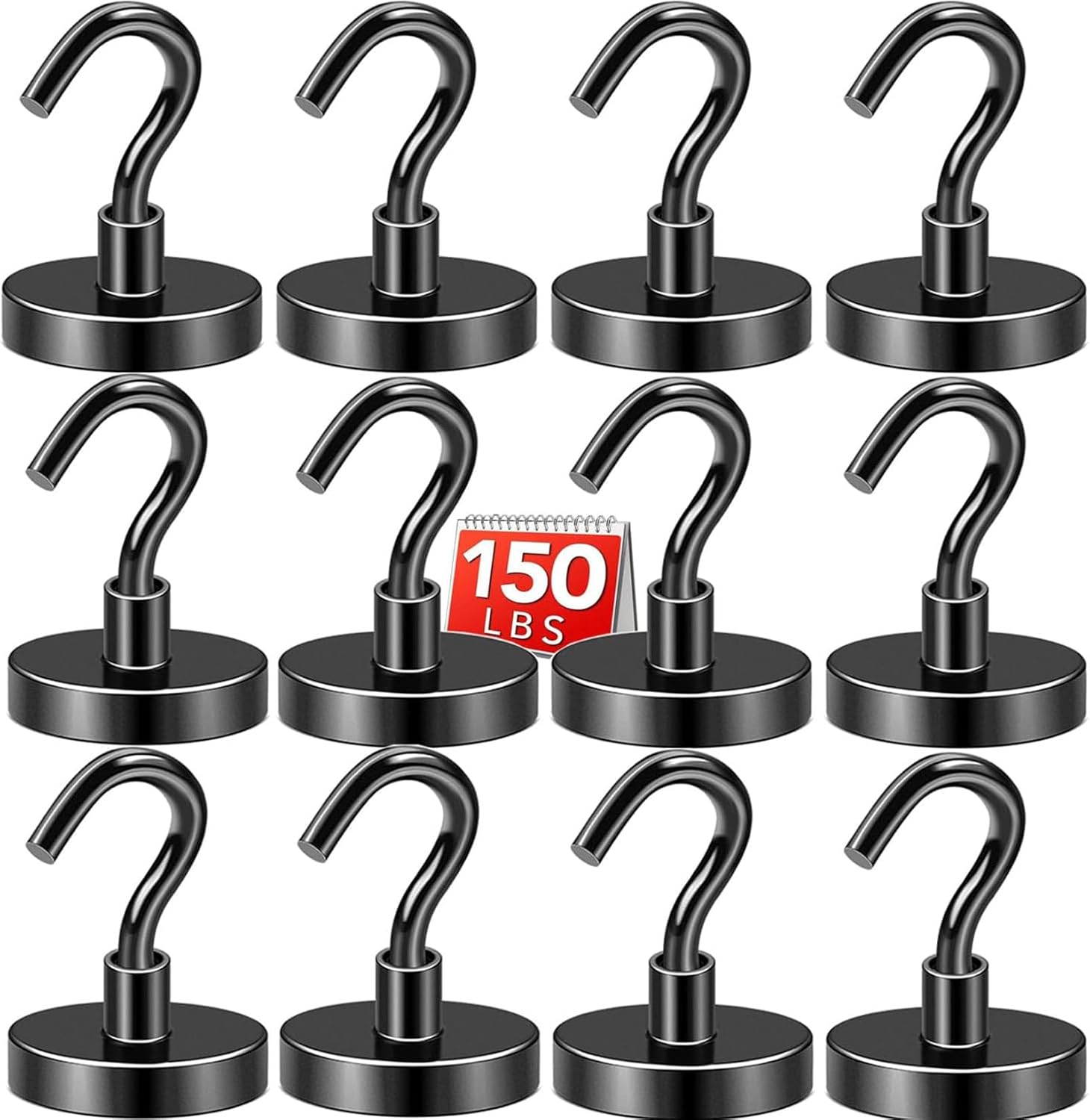 DIYMAG Black Magnetic Hooks, 150 LB Heavy Duty Strong Magnets with Hooks, Strong Rare Earth Neodymium Magnet Magnetic Hooks for Cruise Cabins Cruise Ship Essentials 12 Packs