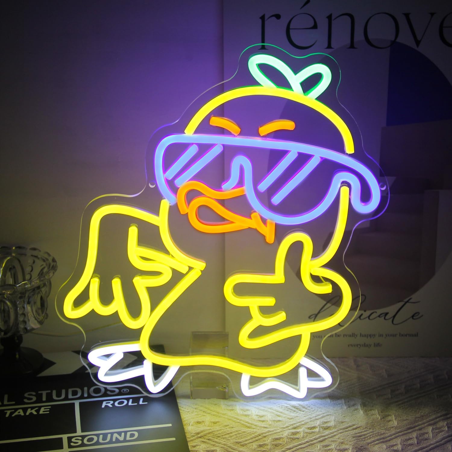 Cool Duck Neon Sign I Love You Gesture Neon Light Cute Animal with Glasses LED Sign Yellow Duck Neon Lights Signs Wall Art Cartoon Light Up Sign for Bedroom Kids Room Birthday Party Decor