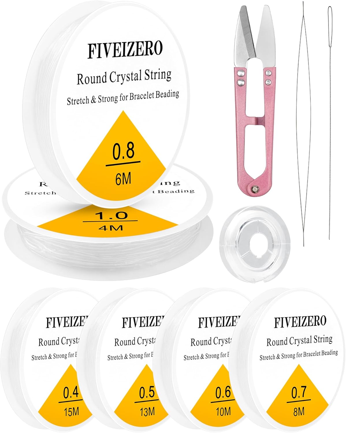 6 Rolls FIVEIZERO Elastic Bracelet String Cord, 0.4mm, 0.5mm, 0.6mm, 0.7mm, 0.8mm, 1mm Crystal Clear Stretchy Elastic Bead String for Bracelets, Jewelry Making and Clay Pony Seed Stone Beads Beading