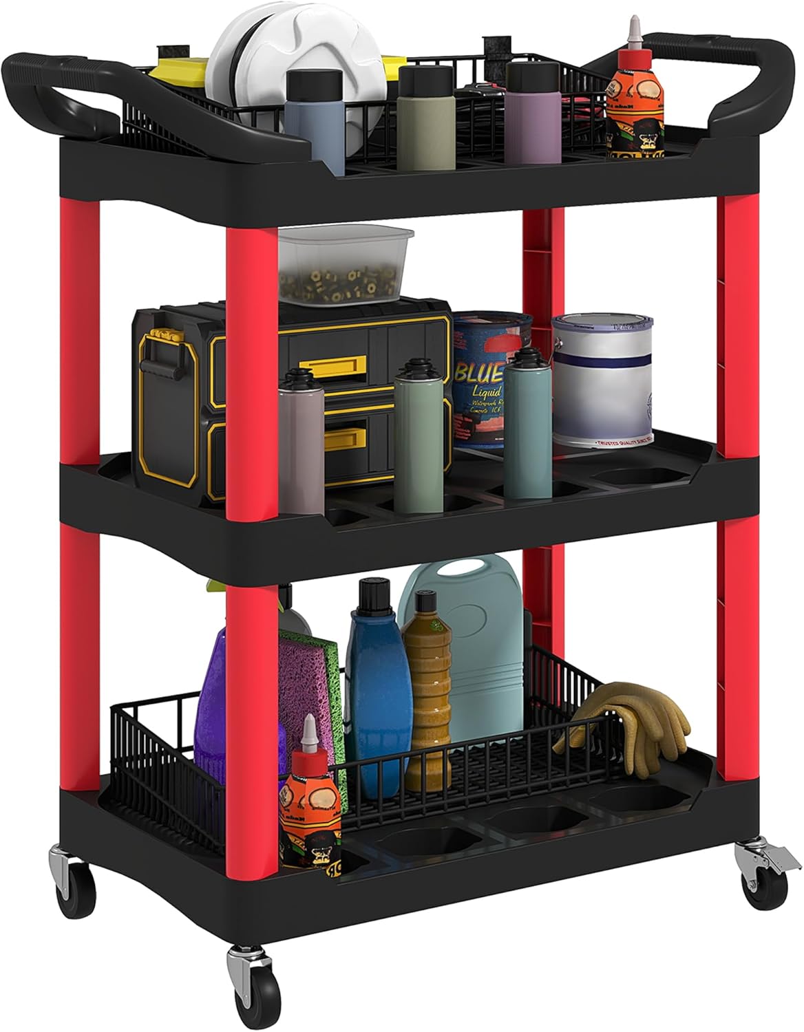HOMCOM 3-Tier Rolling Tool Cart, Tool Trolley on Wheels, Plastic Mobile Service Utility Cart with Handles for Garage, Mechanics and Warehouse, 91kg Capacity, Black and Red