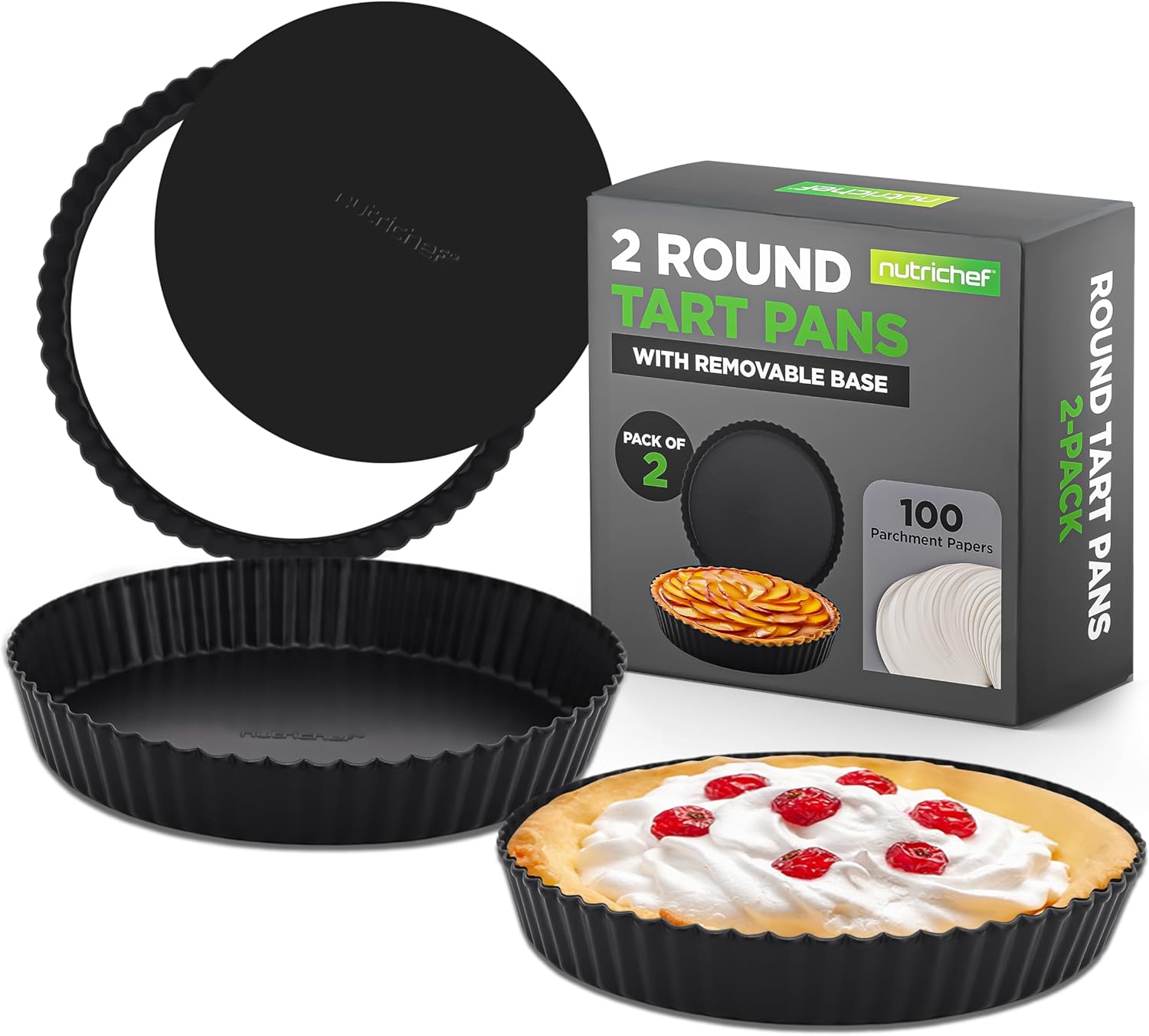 NutriChef 2-Pack Nonstick Round Baking Pans, Heavy Duty Carbon Steel with Removable Bottom, Even Heat Distribution, 9.4” Inch Pans with 100 Pcs Parchment Paper, For Baking Tarts, Quiches, and More