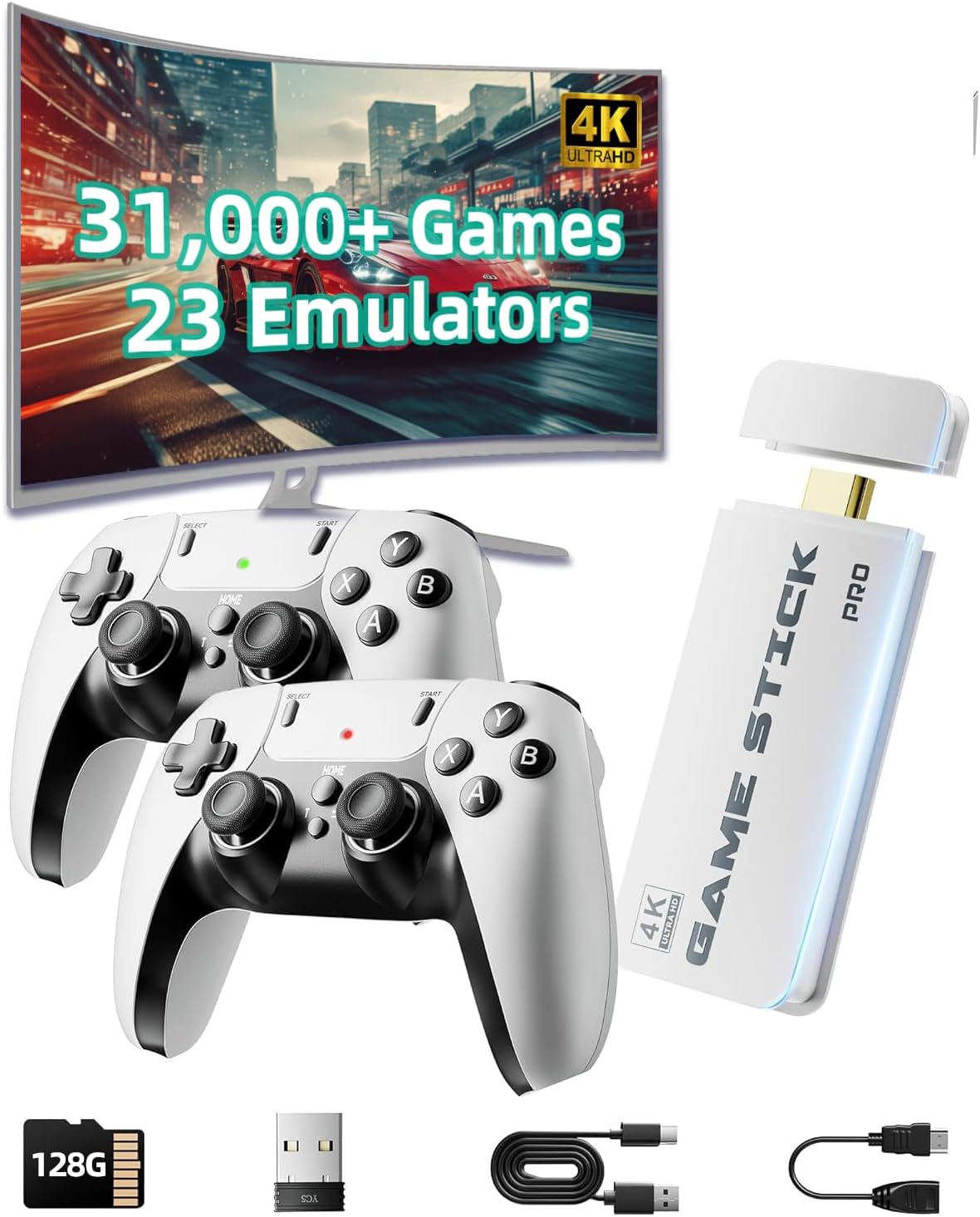 XYELLOWICON 2025 Retro Game Console 4K HDMI with 31,000+ Built-in Classic Games, Plug & Play TV Stick with 2 Wireless Controllers, 23 Emulators & 128GB Memory