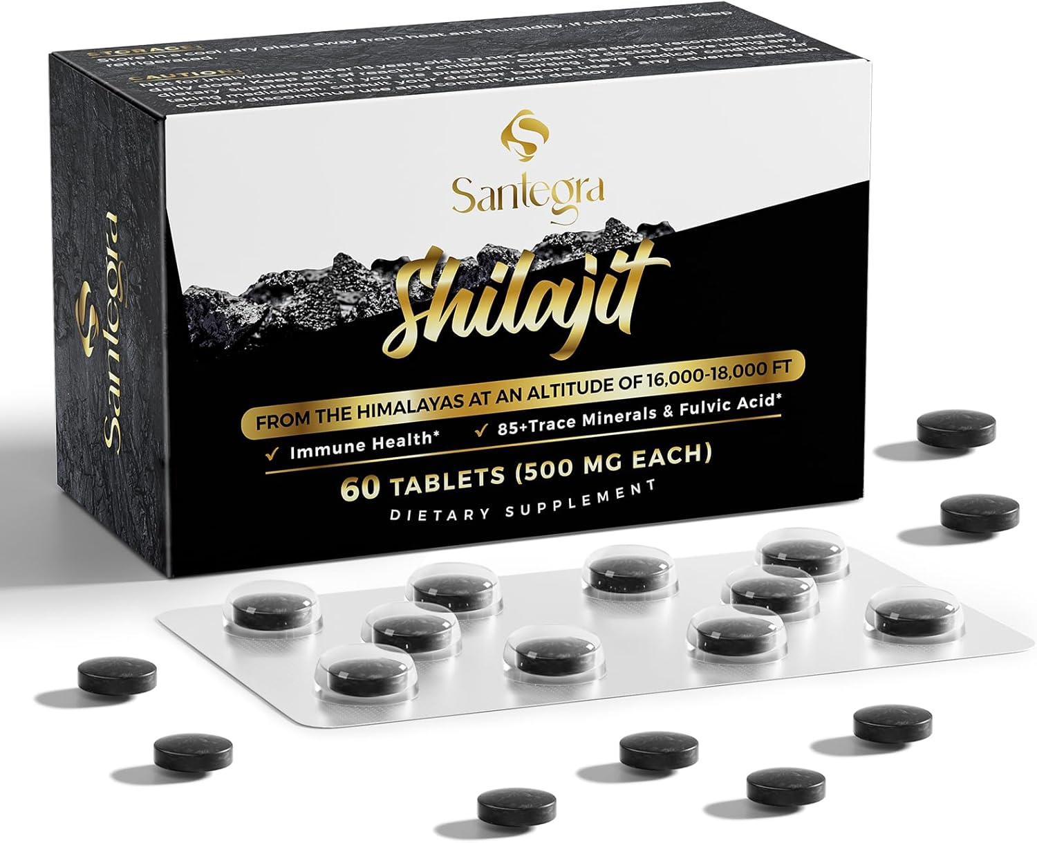 Santegra 30,000 MG Shilajit Tablets, 100% Shilajit Pure Tablets for Women & Men, Himalayan Organic, Fulvic Acid & 85+ Trace Minerals, Resin Supplement for Energy and Immune System, 60 Counts