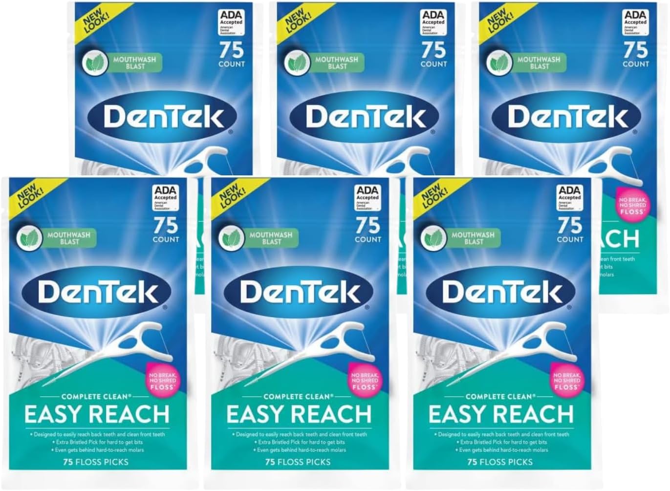DenTek Complete Clean Easy Reach Floss Picks, Advanced Fluoride Coating, Mouthwash Blast Flavor, 75 ct. (Pack of 6)