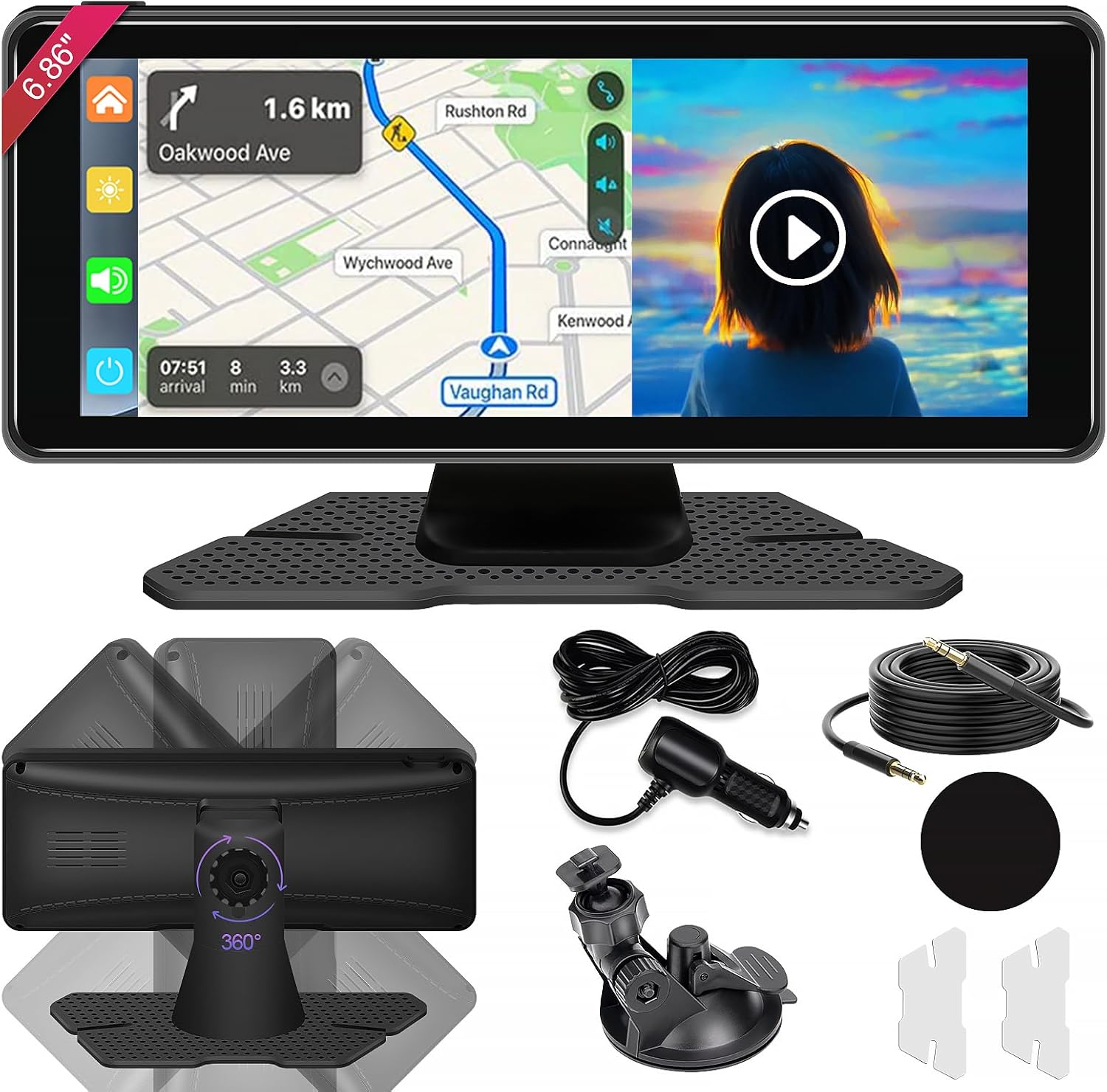 6.86" Carplay Screen for Car, with Wireless CarPlay & Android Auto, Portable Car Stereo, Car Play Touch Screen, GPS Navigation, Mirror Link, Bluetooth, AUX/FM