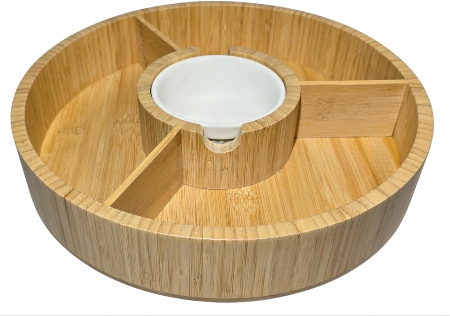Premium Bamboo Veggie Tray w/Removable Ceramic Dip Bowl- Wooden Serving Platter for Cut Vegetables, Chips, Dips, and Appetizers - Perfect Party Tray for Entertaining (12”)
