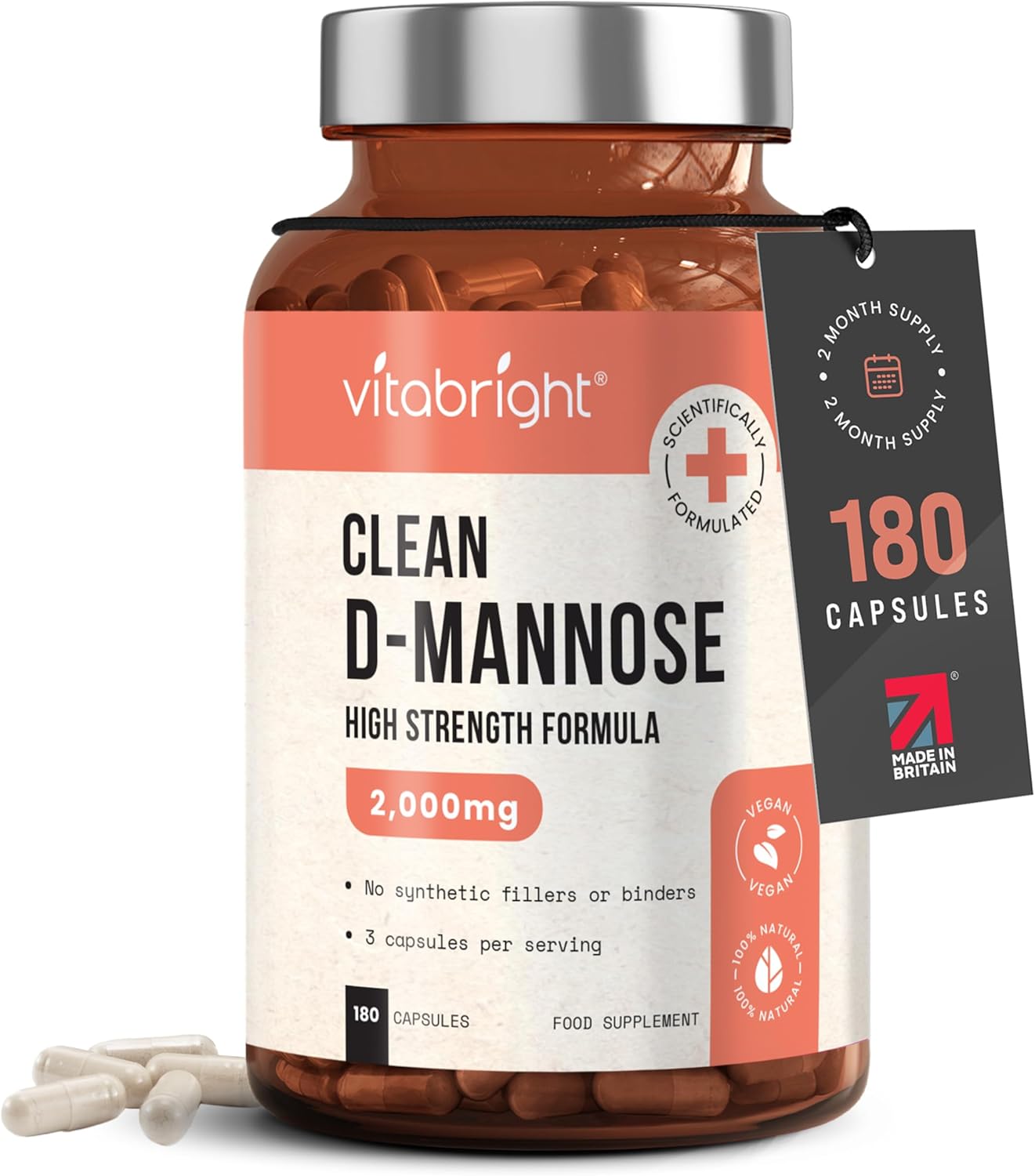 VitaBright D-Mannose Capsules | 2000mg Per Day | 180 Capsules | 2 Month Supply | High-Strength Alternative to Cranberry Tablets | Mix D Mannose Powder into Drinks | Pure Clean Formula