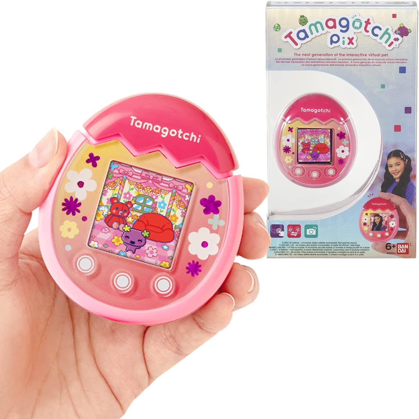 TAMAGOTCHI 42901 Bandai Pix The Next Generation of Virtual Reality Pet with Camera, Games and Collectable Characters-Floral, Pink