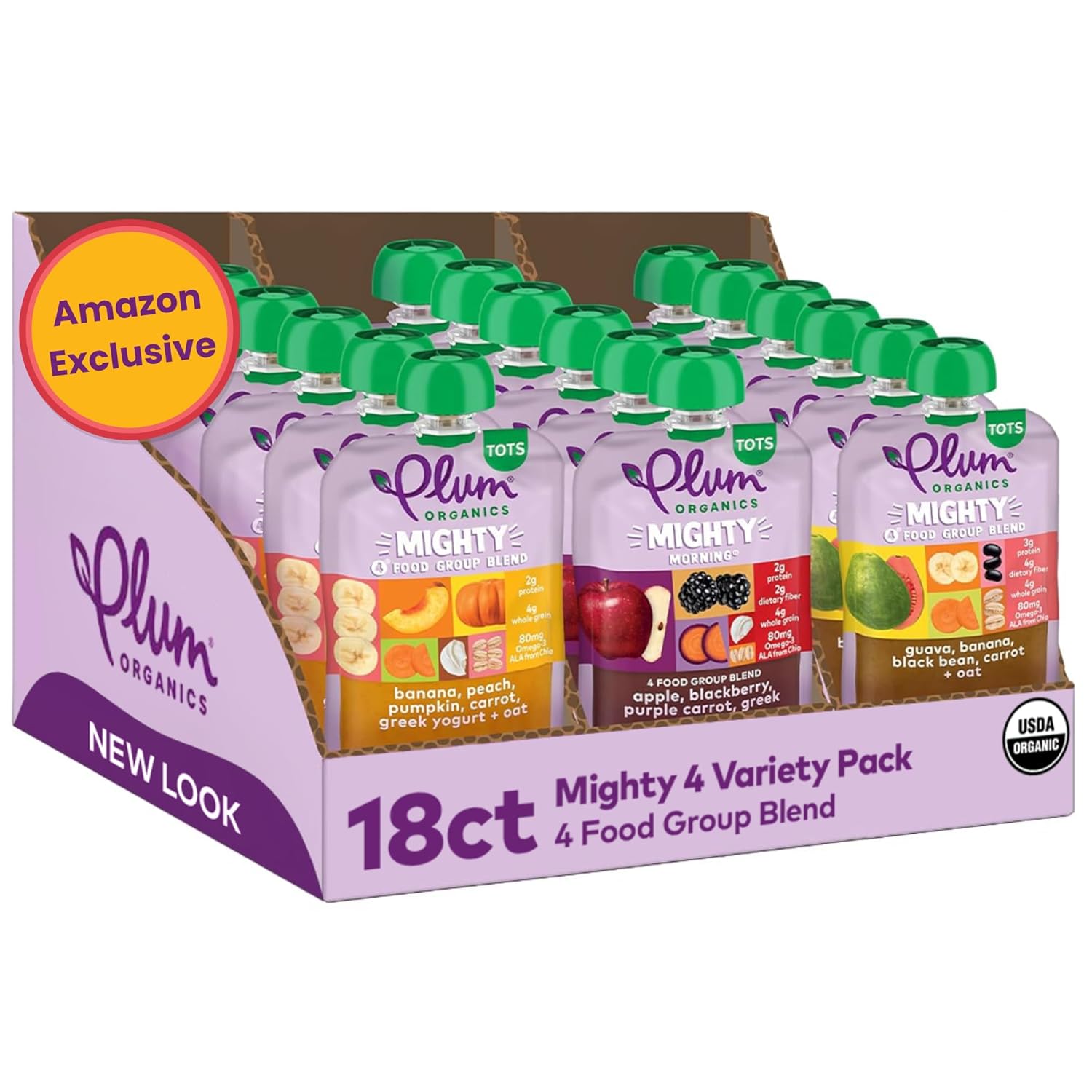 Plum Organics Variety Pack, 12+ Months – Toddler’s Delicious Discovery Flavors – Mighty 4 Organic Fruit & Veggie Pouches – 4 oz Pouch, Pack of 18 (Amazon Exclusive)