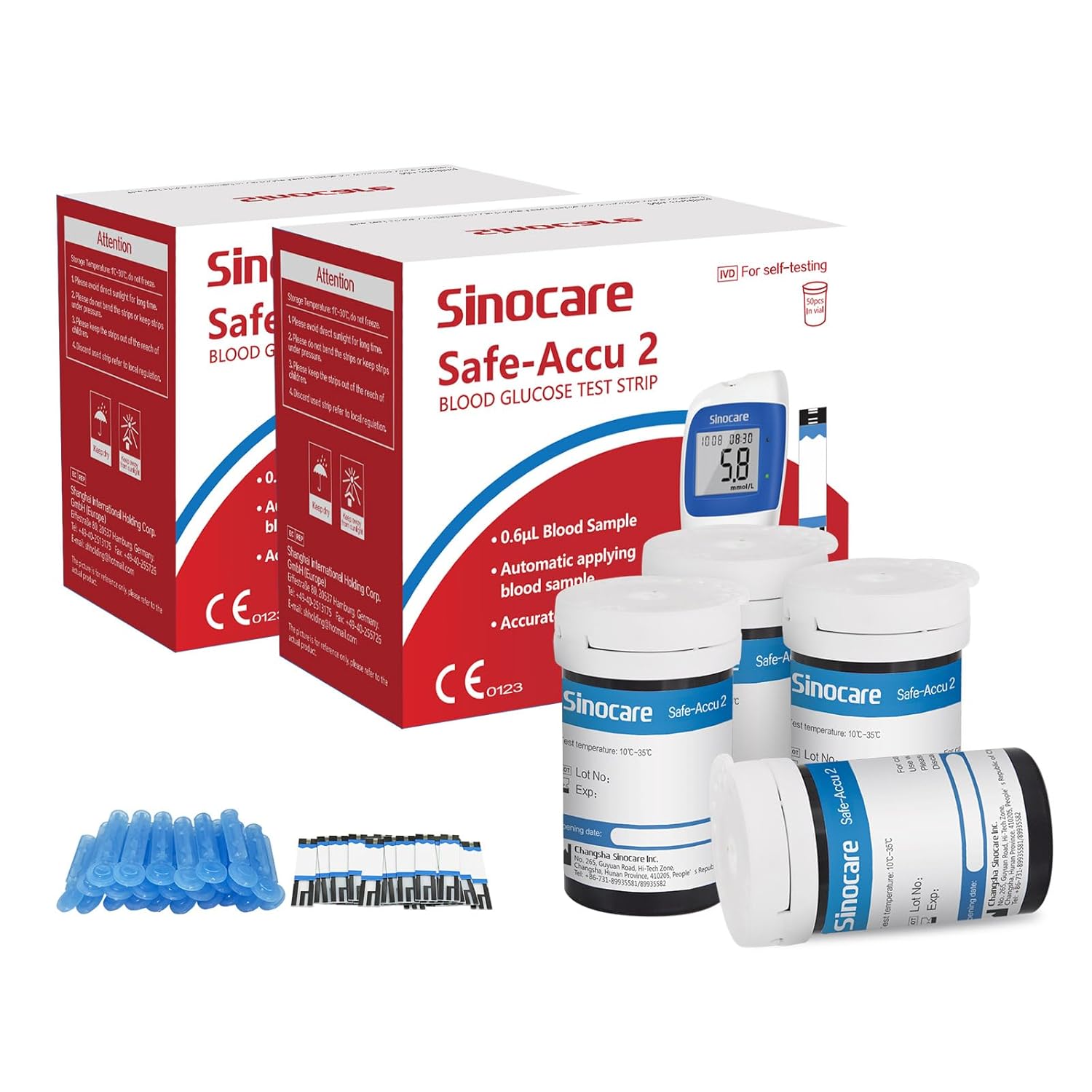 sinocare (Safe-Accu2) Blood Glucose Test Strips/Blood Sugar Test Strips 100 pcs No Need Code & Lancing Devices x 100 / for sinocare Safe-Accu2 Blood Glucose Monitor Only