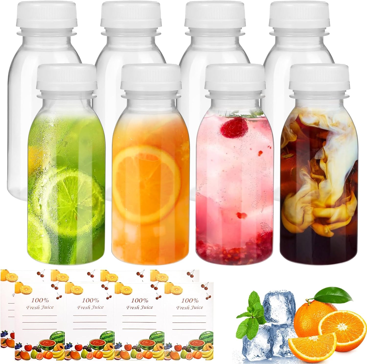 200 ml Reusable Empty Bottles, 8Pcs Plastic Bottles with Lids, Plastic Juice Bottles, Clear Milk Bottles, Transparent Plastic Bottles with 2 Stickers, Recyclable Storage Bottles for Homemade Beverages