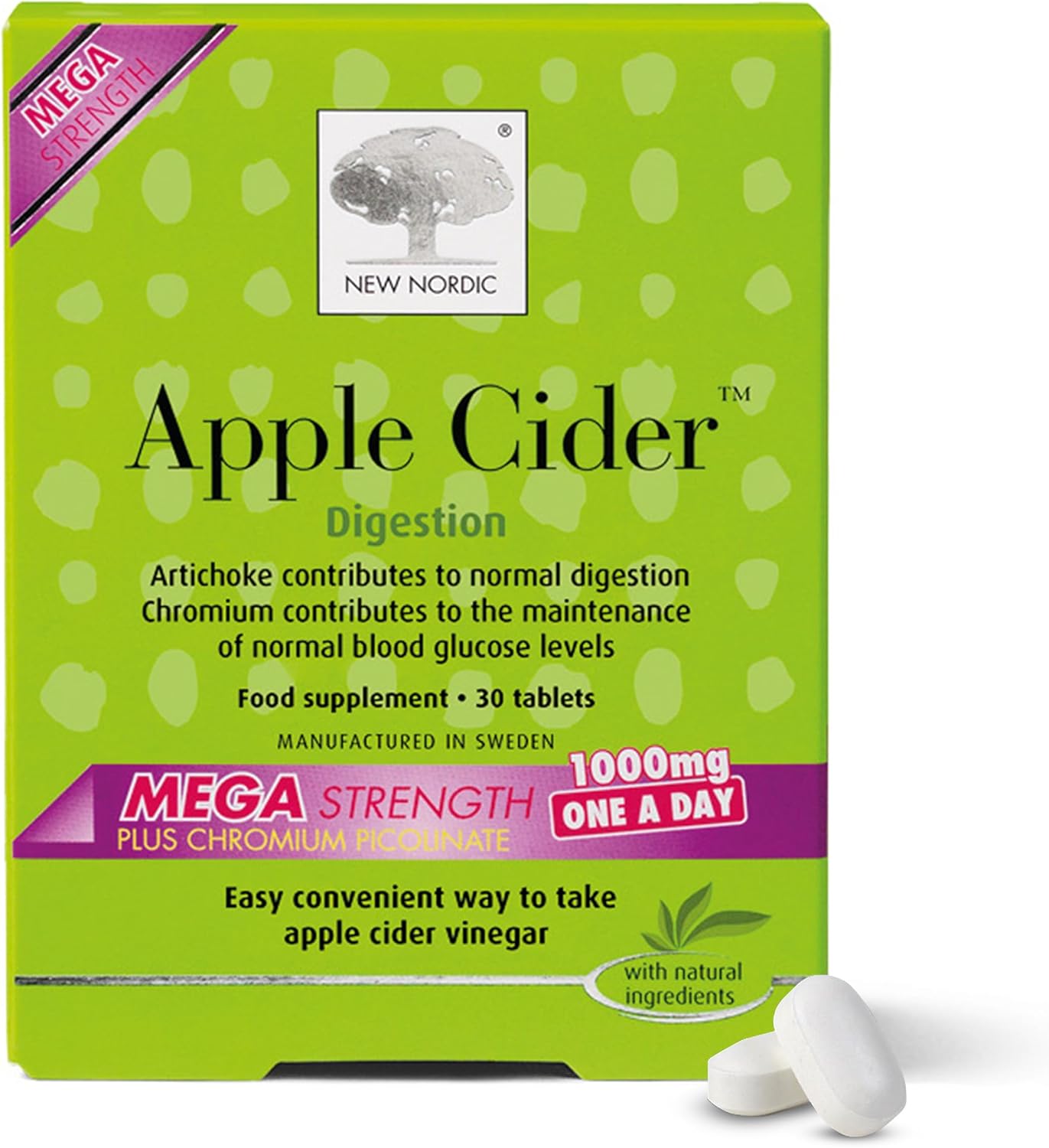 New Nordic Apple Cider Vinegar Tablets - 1000 mg ACV with The Mother - Contributes to Normal Digestion for Men & Women - 30 Mega Strength Tablets