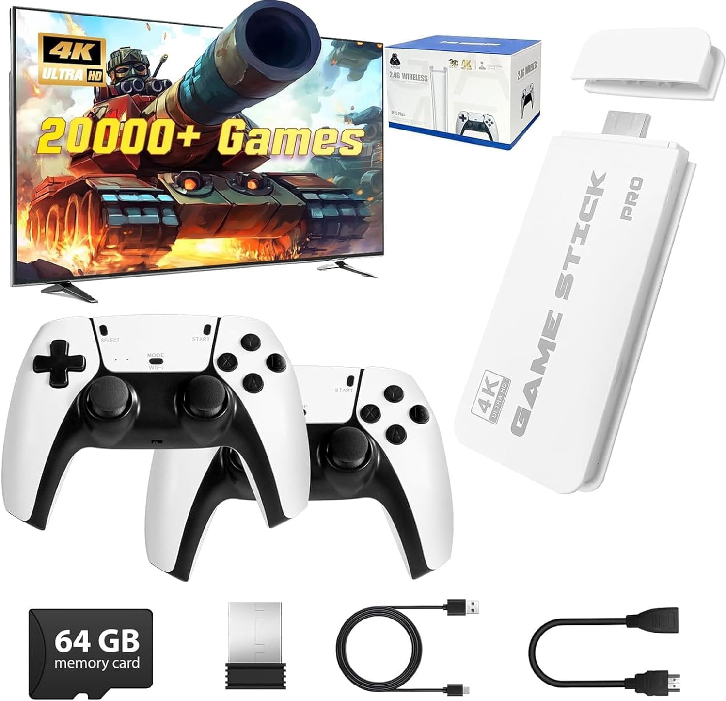 Wireless Retro Game Console - Game Stick Built-in 20,000+ Classic Video Games, Plug & Play for TV HDMI output, Multiple Classic Emulator, Dual 2.4G Wireless Controller