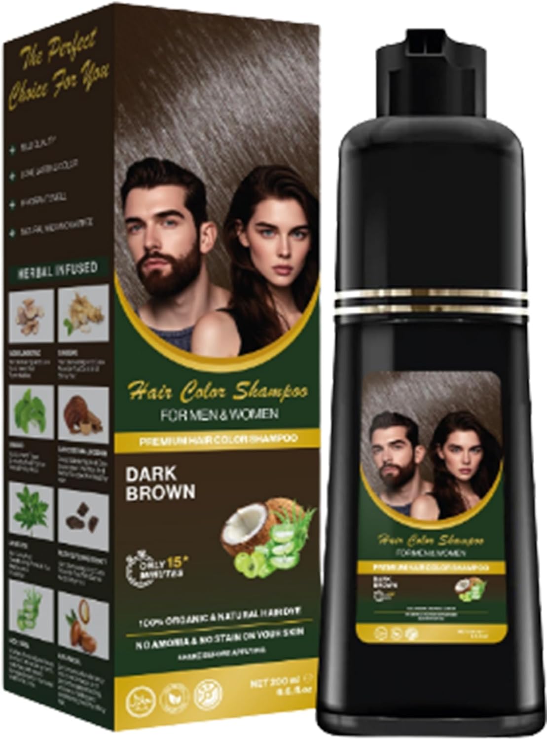 ASAB Hair Colour Shampoo with Herbal Ingredients for Grey Coverage No-Stain Plant-Based Formula Fast Acting 3-In-1 Permanent Hair Dye Strengthens Hairs with Argan Oil for Men and Women (DARK BROWN)