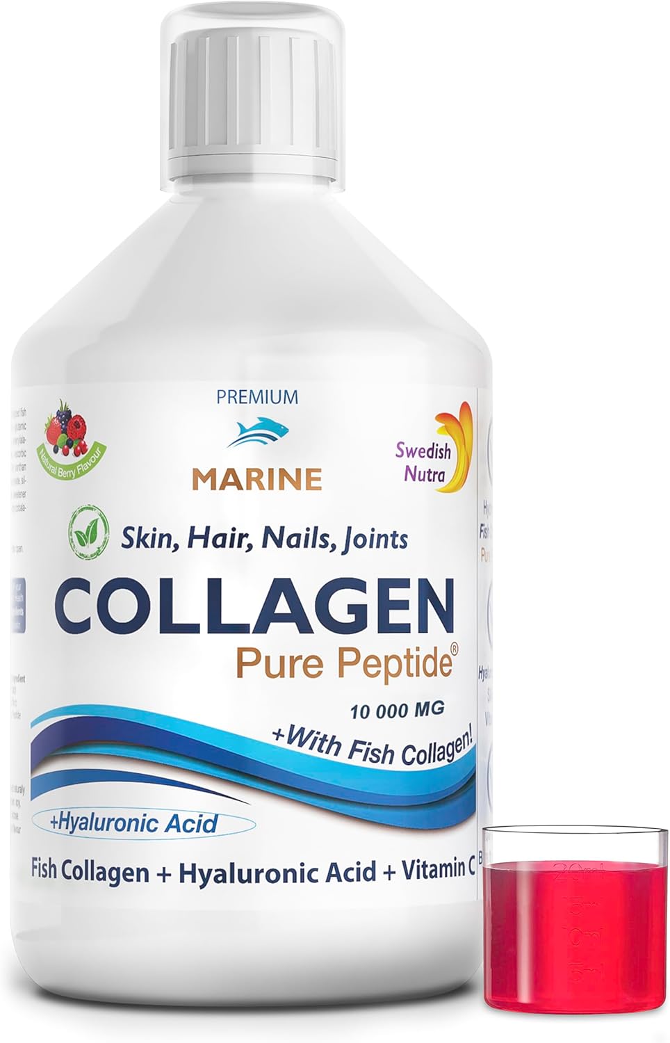 Swedish Nutra - Liquid Marine Collagen 10000mg - Pack of 500ml I Hydrolyzed Collagen Peptides (Type I & III) I Minimize Fine Lines, Wrinkles I Hyaluronic Acid, Biotin, Vitamin C - 20 Day Supply