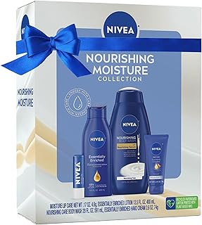 NIVEA Nourishing Moisture Collection Skin Care Set, Nourishing Care Body Wash, 20 Fl Oz + Body Lotion, 13.5 Fl Oz + Hand Cream, 2.6 Oz + Moisture Lip Care Balm, 0.17 Oz, Holiday Gifts for Women
