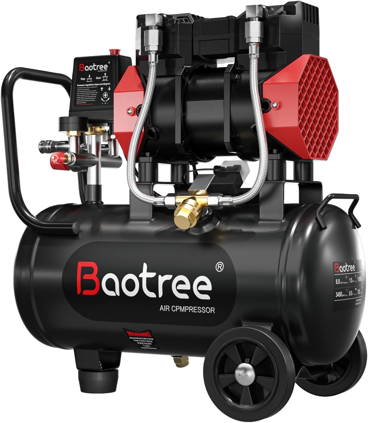 8Gal Ultra Quiet Oil-Free Air Compressor Portable, Max 115PSI 1.5HP 4.52CFM 70dB Low Noise Air Compressor for Auto Repair, Bike Tires, Garage Spray Painting 110V/60Hz