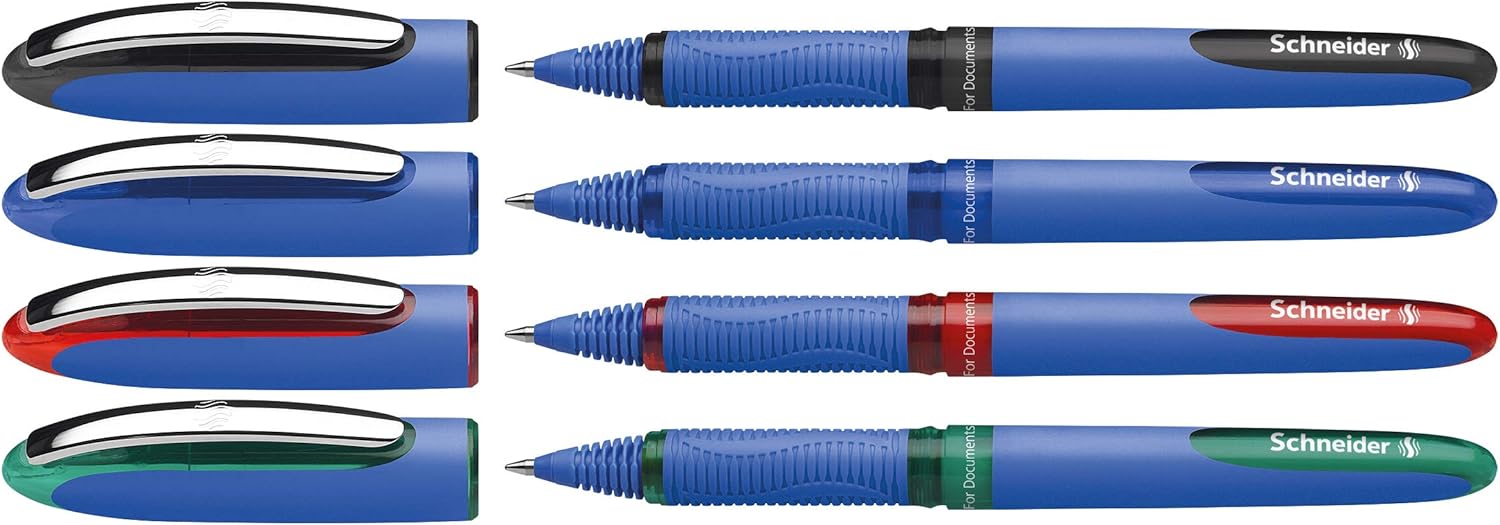 Schneider C Products One Hybrid 03 Rollerball Pen Hybrid conical tip, Assorted Colours, Pack of 4 Case, Blue,Green,Red,Black, 0.3 mm