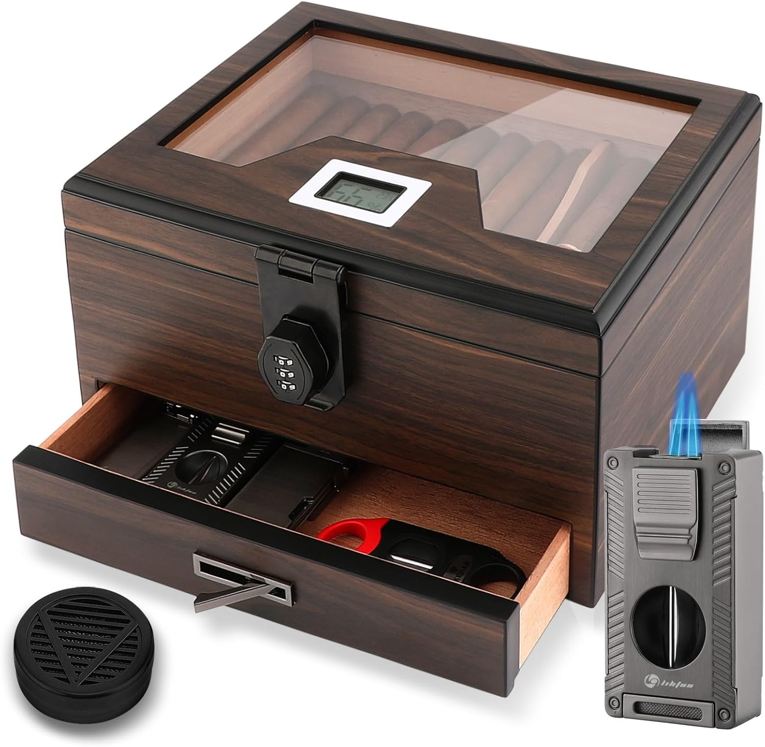 Cigar Humidor and Cigar Lighter Kit, Cedar Wood Cigar Case with Digital Hygrometer & Combo Lock, Multi-Function All-in-1 Butane Lighter & Humidor Box, Cigar Gift for Men, Can Hold 60-80 Cigars