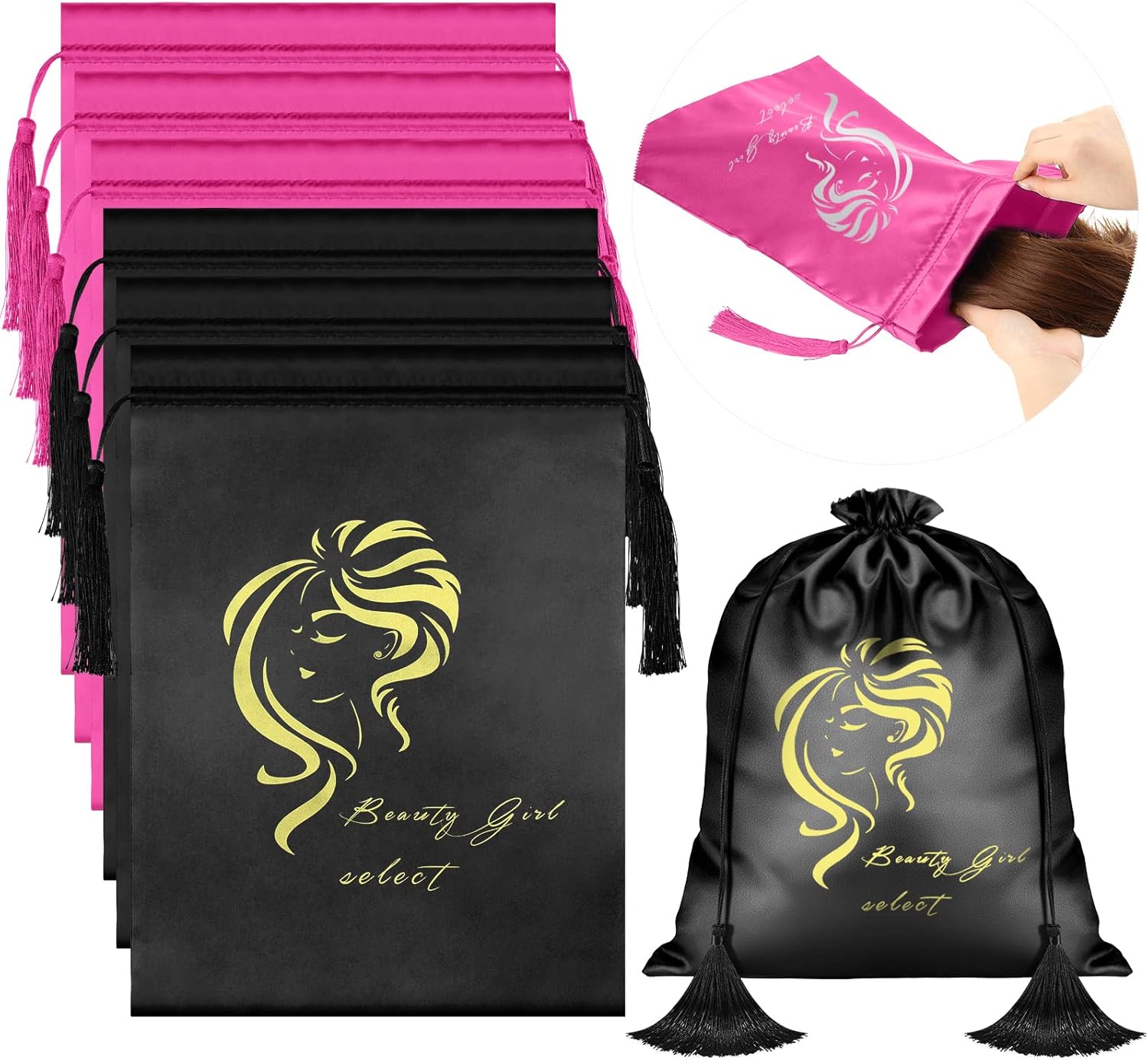 Shappy 6 Pcs Satin Wig Bags Soft Silky Pouches with Drawstring Tassel Packaging Hair Extensions, Bundles, Wigs Bags Hair Tools Storage for Home and Salon Use(Black and Rose Red Series)