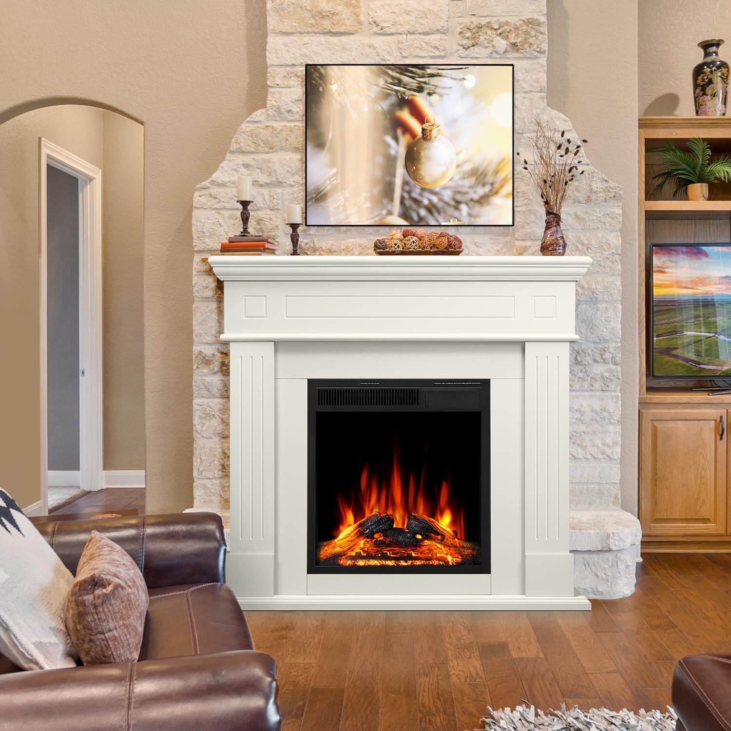 43” Electric Fireplace Mantel Freestanding Electric Fireplace, Remote Control, Adjustable Led Flame, 750W/1500w Cream