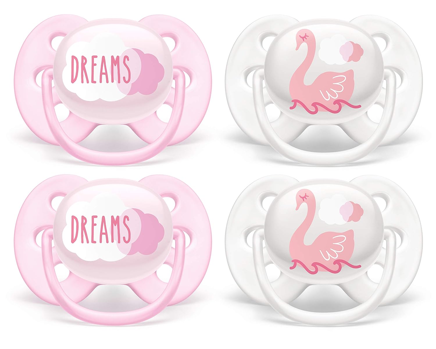Philips AVENT Ultra Soft Pacifier, 0-6 Months, Dreams and Swan Designs, Pack of 4, SCF222/42