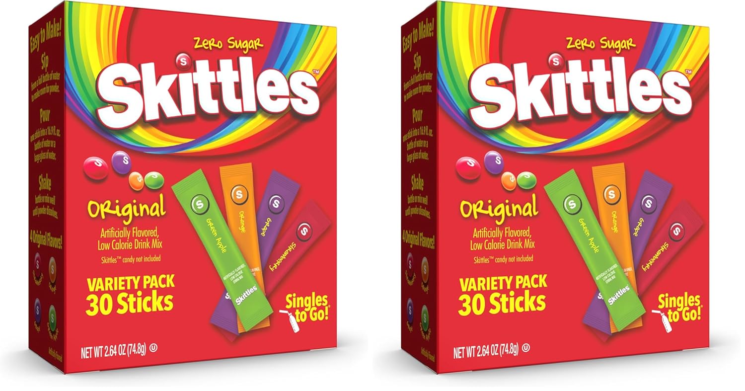 Skittles Singles To Go Variety Pack, Powdered Drink Mix, Zero Sugar, Low Calorie, Includes 4 Flavors: Green Apple, Strawberry, Grape, Orange, 1 Box (30 Single Servings) (Pack of 2)