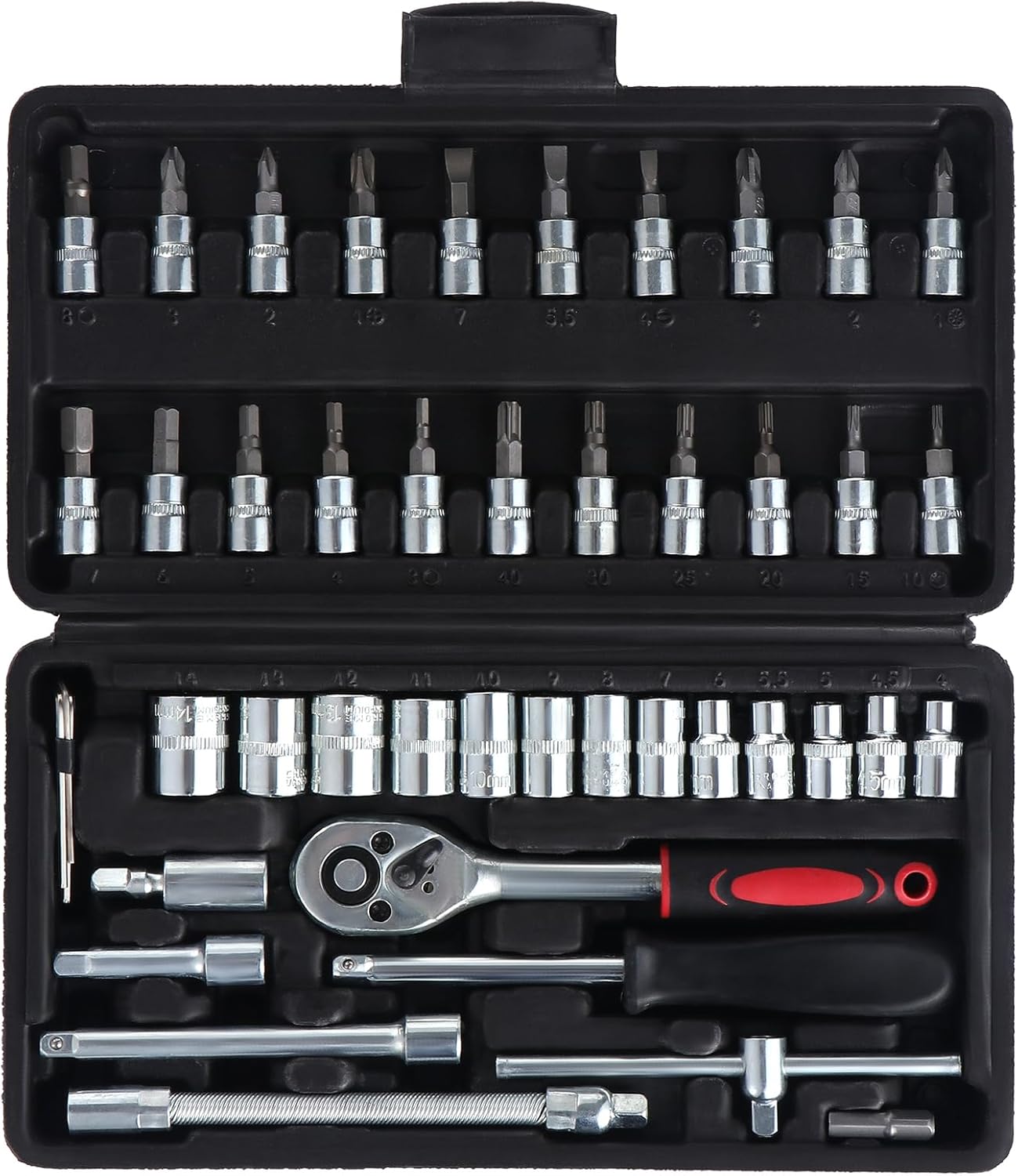 WiMas 46PCS Socket Wrench Set, Ratchet Socket Set, Metric Drive Socket Wrench Ratchet Tools Kit, Screwdriver Bits Auto Vehicle Repair Tool 1/4 Inch (Black)