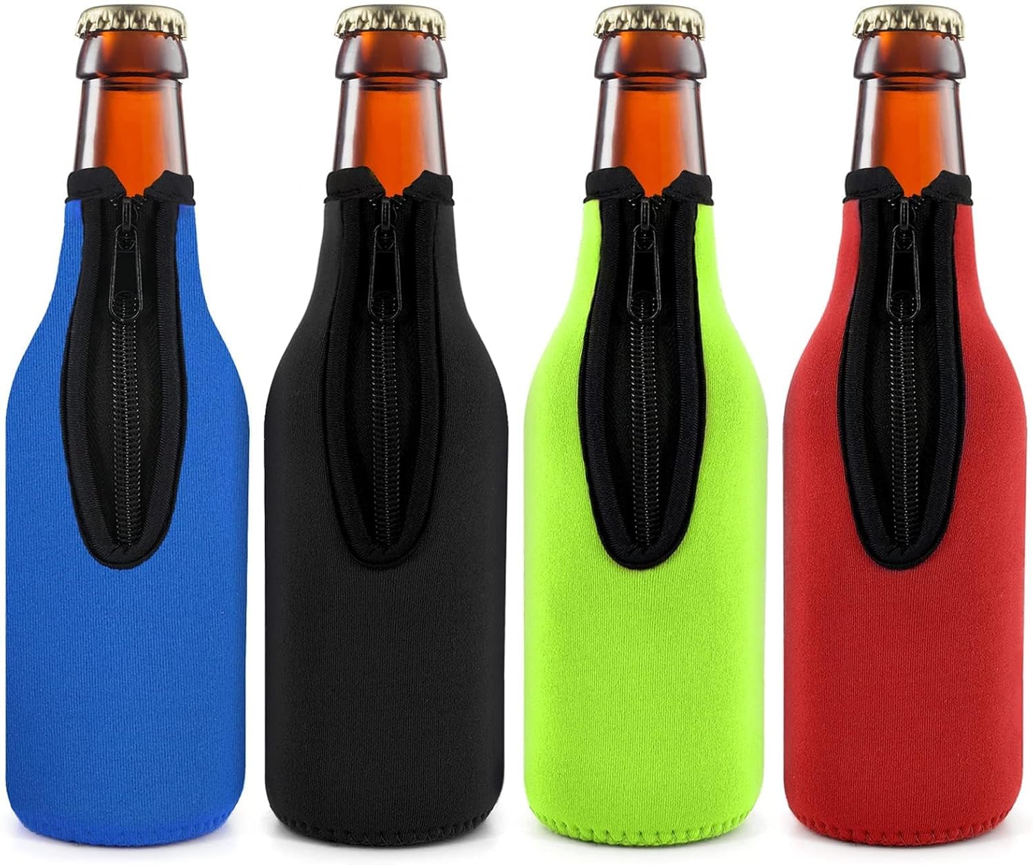 Beer Bottle Insulator Sleeve Different Color. Zip-up Bottle Jackets. Keeps Beer Cold and Hands Warm. Classic Extra Thick Neoprene with Stitched Fabric Edges, Enclosed Bottom (set of 4 color)