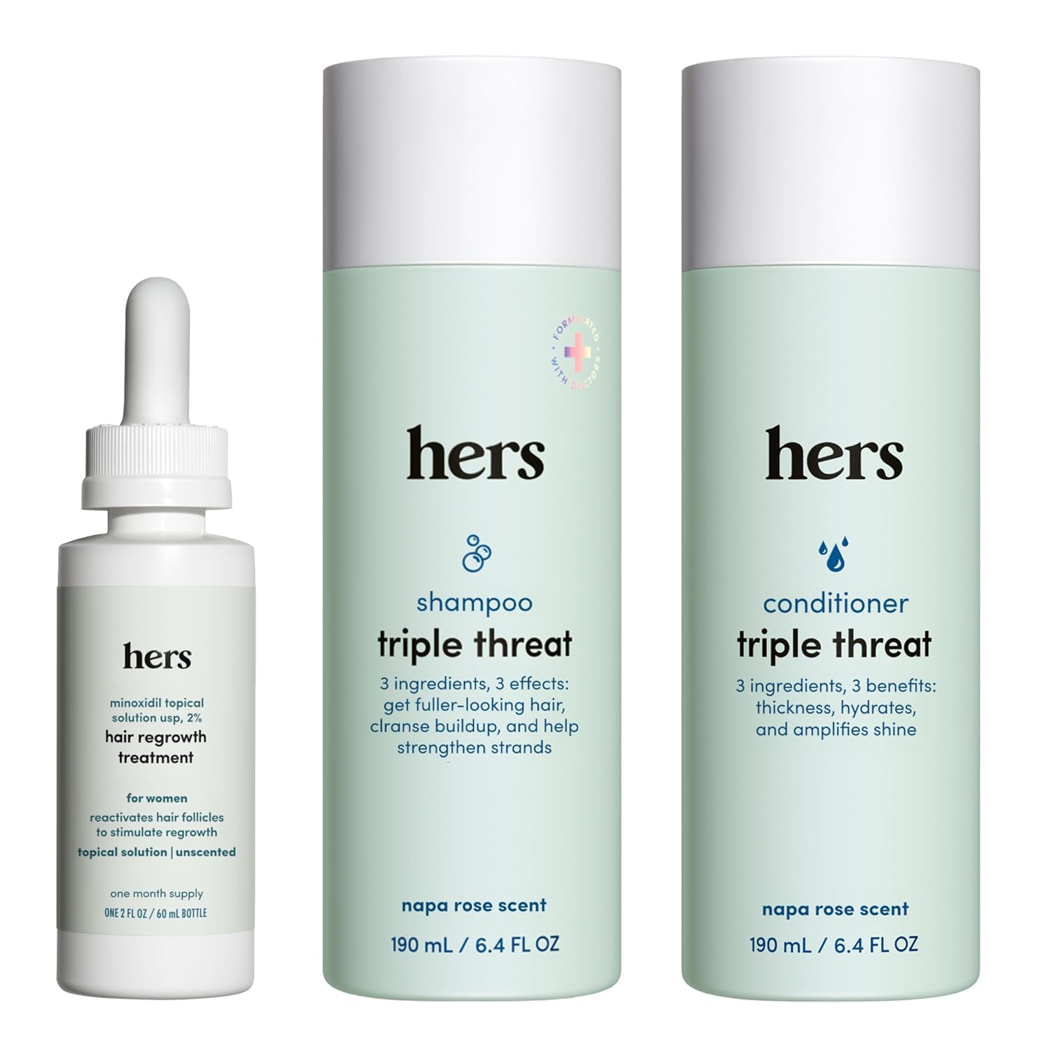 hers Triple Threat Shampoo, Conditioner and Minoxidil Set - Hair Loss Treatment for Women - Includes 2% Serum Minoxidil Treatment, Color Safe Hair Thickening Shampoo and Conditioner - 3 Count