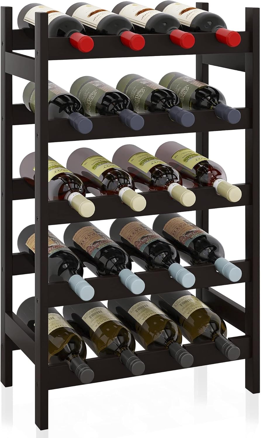 SMIBUY Bamboo Wine Rack, 20 Bottles Display Holder, 5-Tier Free Standing Storage Shelves for Kitchen, Pantry, Cellar, Bar (Black)