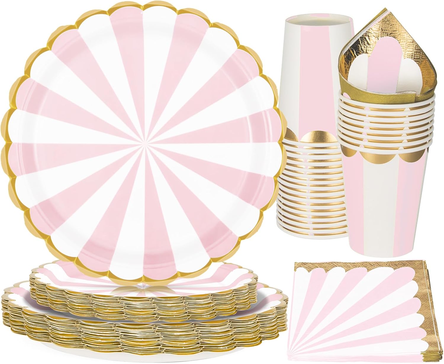 PARTY GO 96PCS Pink Party Supplies, Disposable Tableware Set, Includes 9" Plate Paper Plates, 7" Plate Paper Plates, Cups, Napkins, for Picnic, Happy Birthday Party