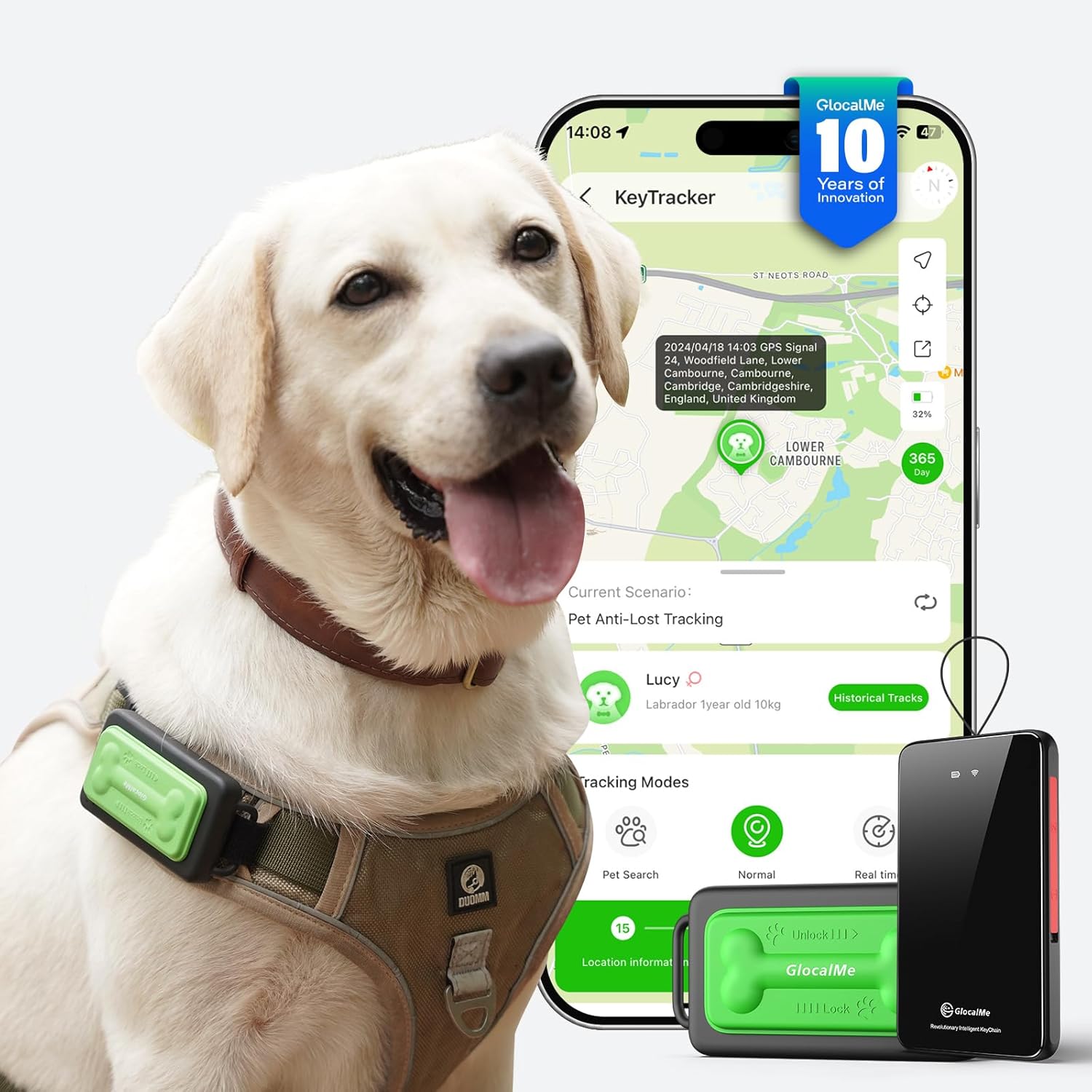 GlocalMe KeyTracker GPS Tracker for Dogs, Global Unlimited Range Pet Tracker with 6 Location Technologies for Real Time Tracking, GPS Dog Tracker with Global Network Service, Waterproof