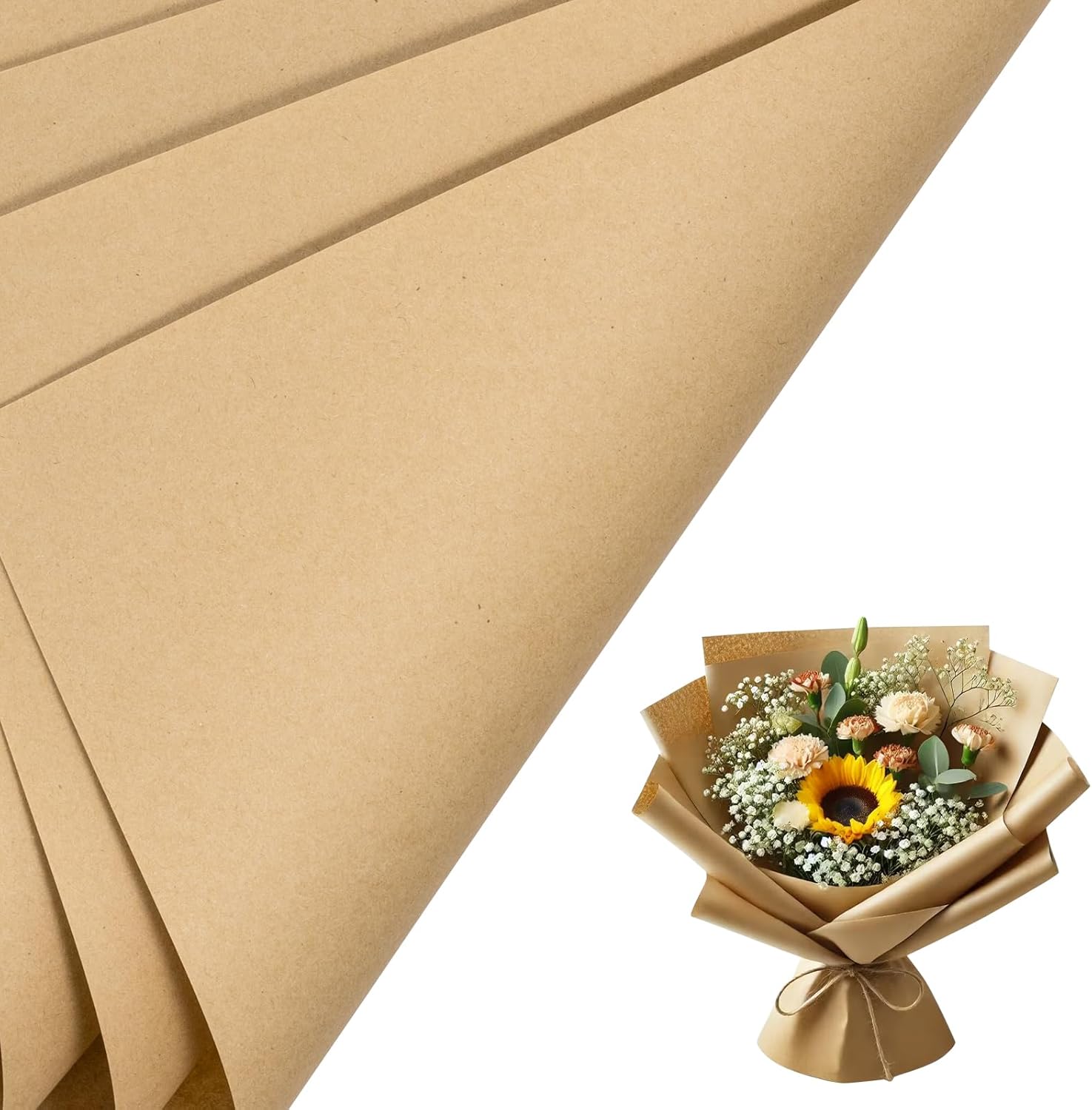 LeZakaa 20 Sheets Kraft Flower Wrapping Paper - Reversible Floral Bouquet Paper - Kraft Solid Color Design for Valentine's Day, Mother's Day, Parties, Birthdays, Weddings, Baby Shower