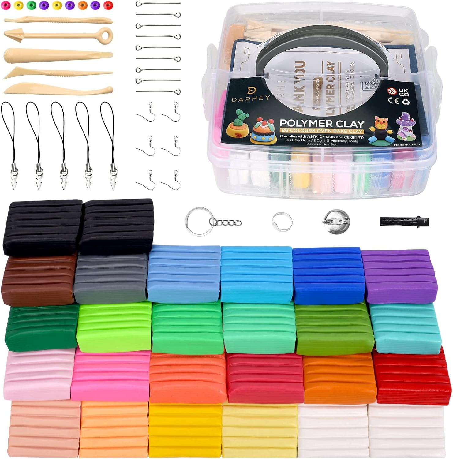 Polymer Clay 26 Creative Multicolour Nontoxic kit 0.7oz/Unit Oven Bake Clay Soft Modeling Clay for Kids | with 5 Tools, 8 Type Accessories, User Manual and Storage Box - Ideal Clay DIY Gift