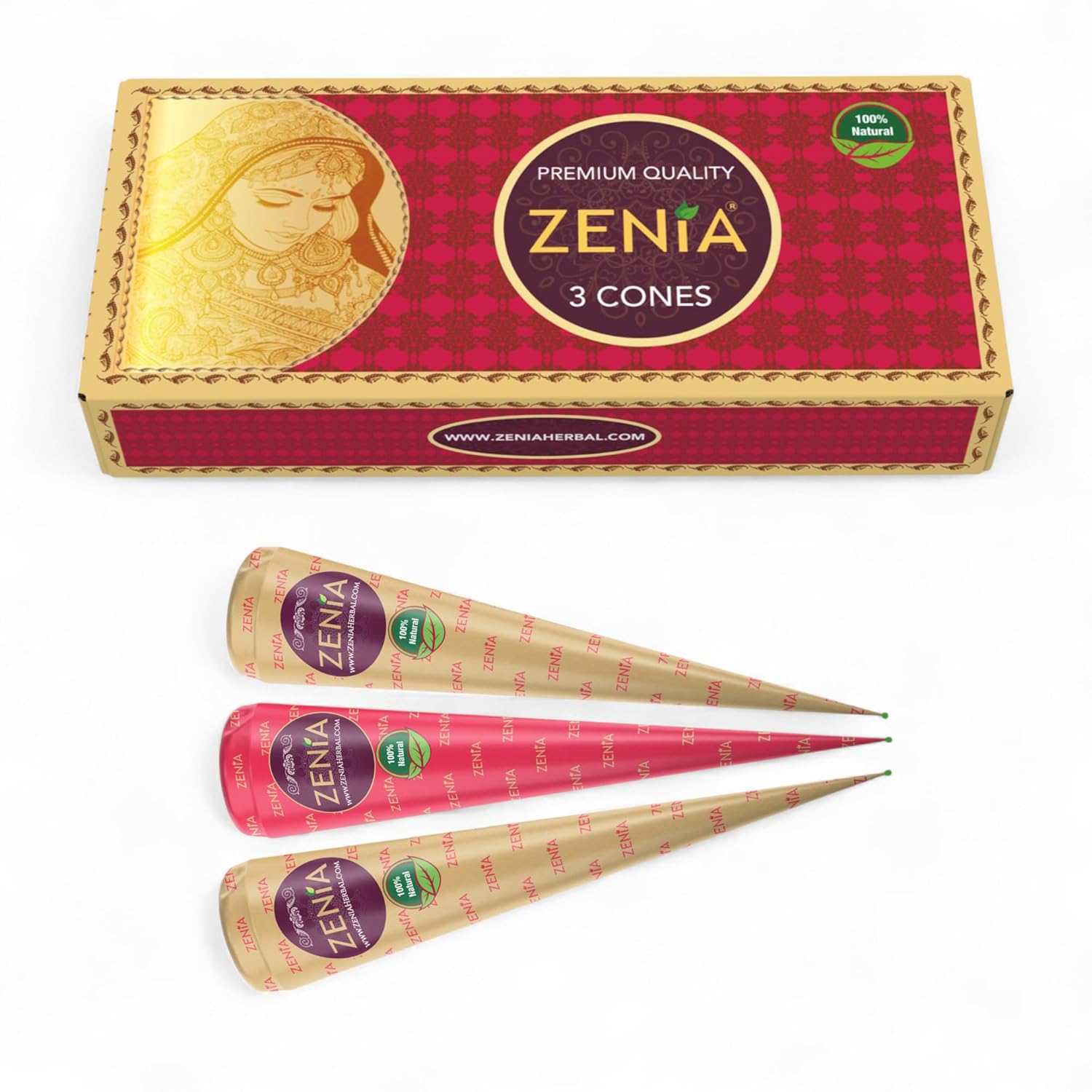 Zenia (Pack of 3) 100% Natural Henna Hair Color Paste Hair Dye Cones Dark Reddish-Brown Color 25g Each Cone