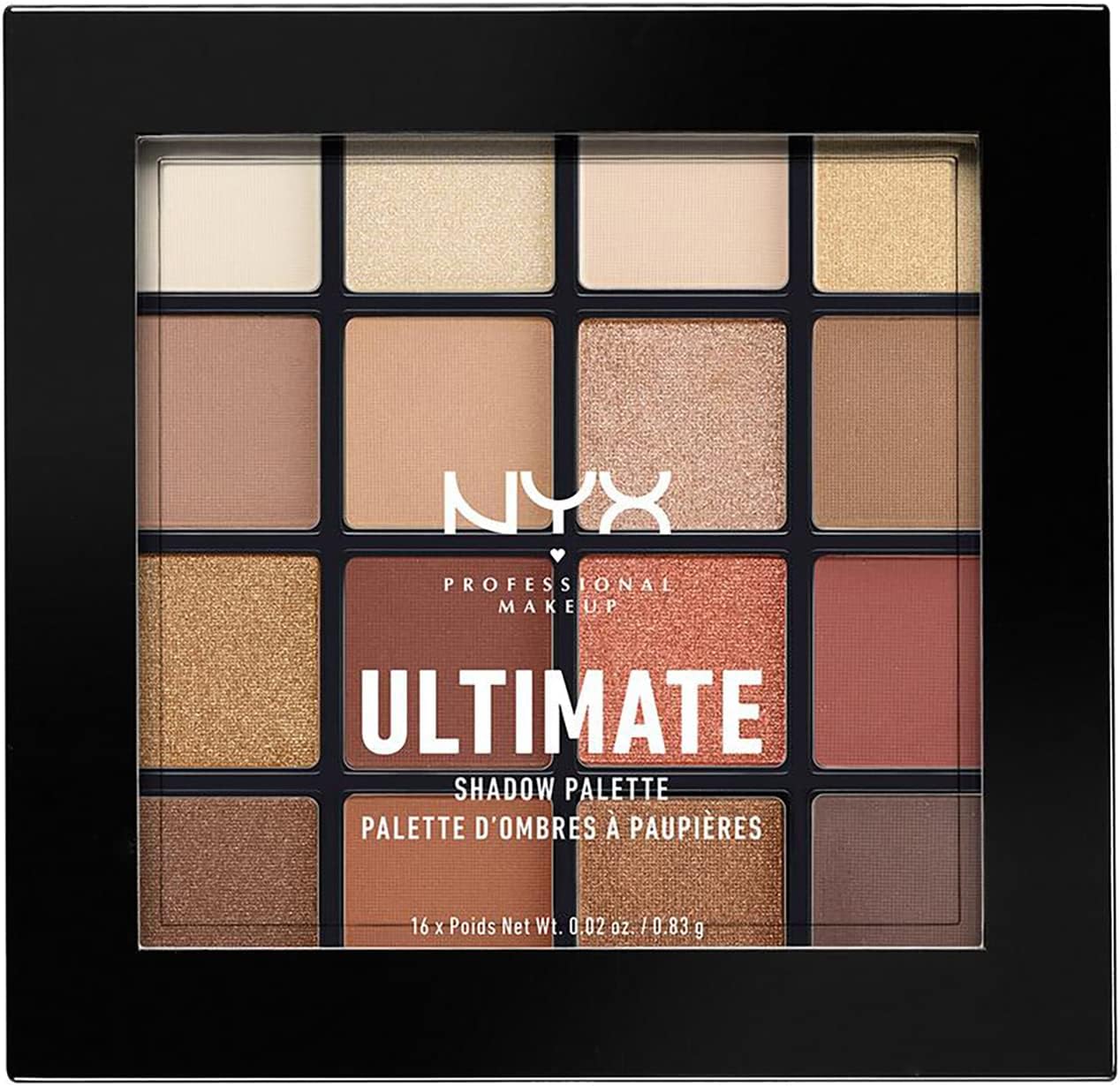 NYX Professional Makeup Ultimate Shadow Palette, 16 Vibrant True-To-Pan Eyeshadow Shades, Metallics, Shimmers, Colours and Nudes in Pressed Pigments, Vegan Formula, Warm Neutrals, 0.8 g