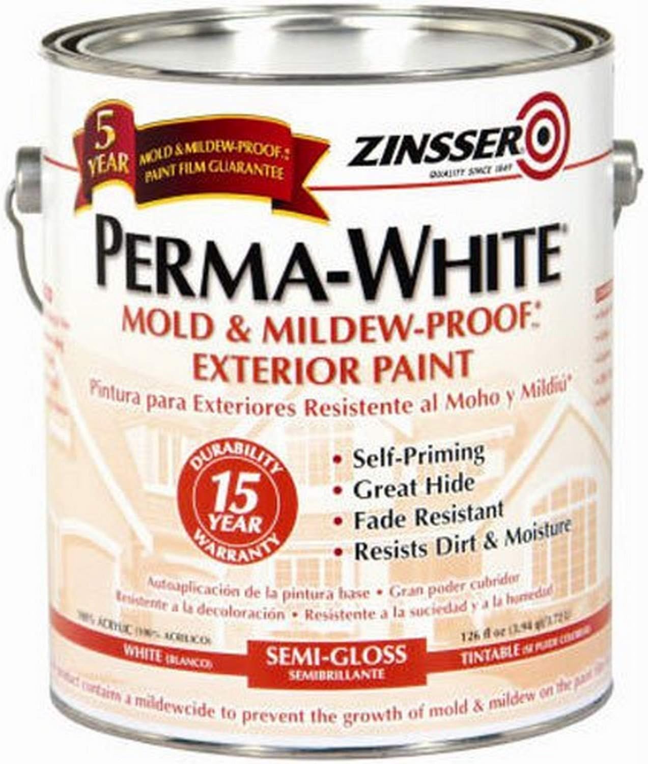 Zinsser 3131 Perma-white Mold & Mildew-proof Exterior Paint, Semi-gloss, 1-gal