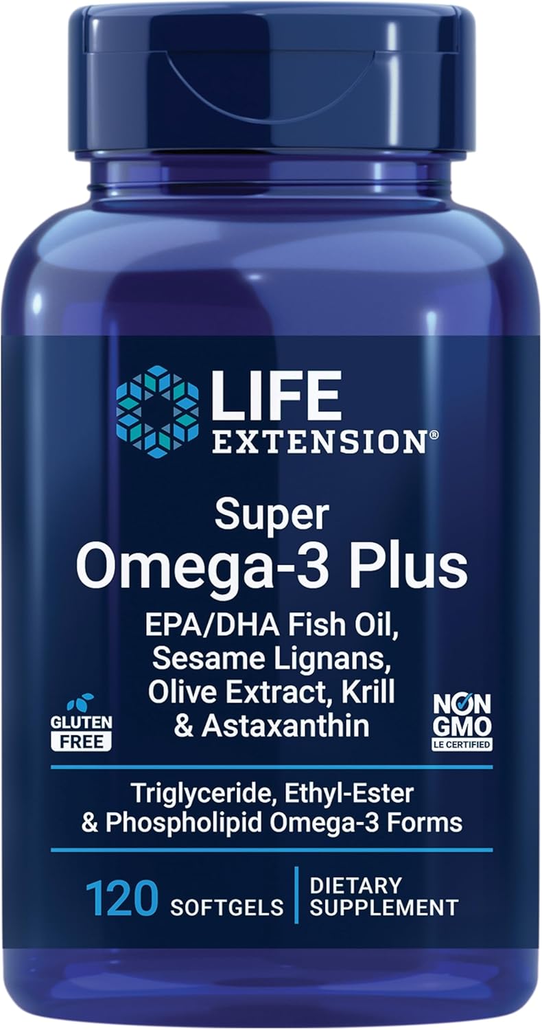 Life Extension Super Omega-3 (Fish Oil) Plus EPA/DHA With Sesame Lignans, Olive Extract, Krill and Astaxanthin (Packaging May Vary), Lemon, 120 Count
