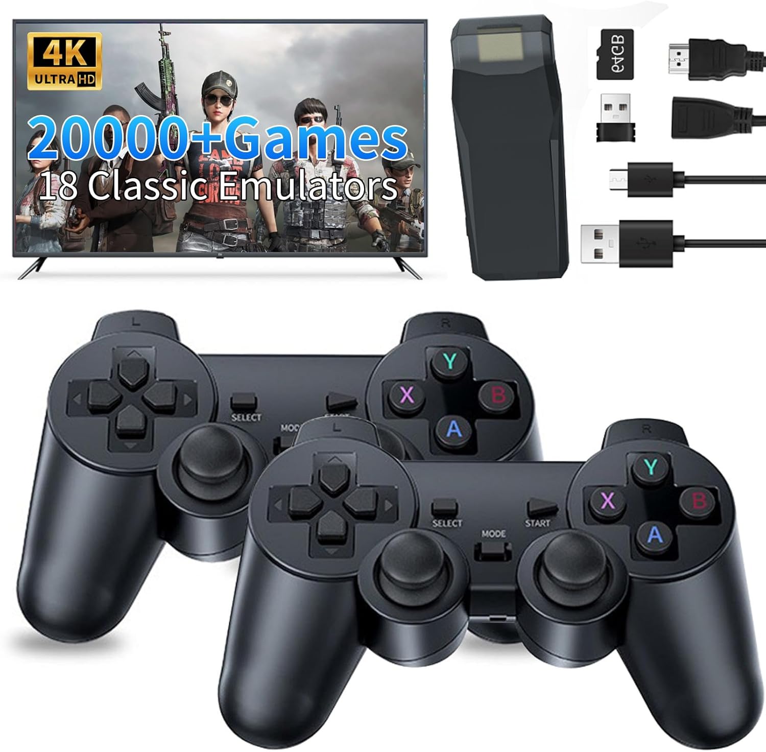 Wireless Retro Game Console Stick Built-in 20000+ Classic Games with 18 Emulators, 4K HDMI Output Nostalgia Plug & Play Retro Video Gaming Stick with Dual 2.4GHz Wireless Controller, 64GB