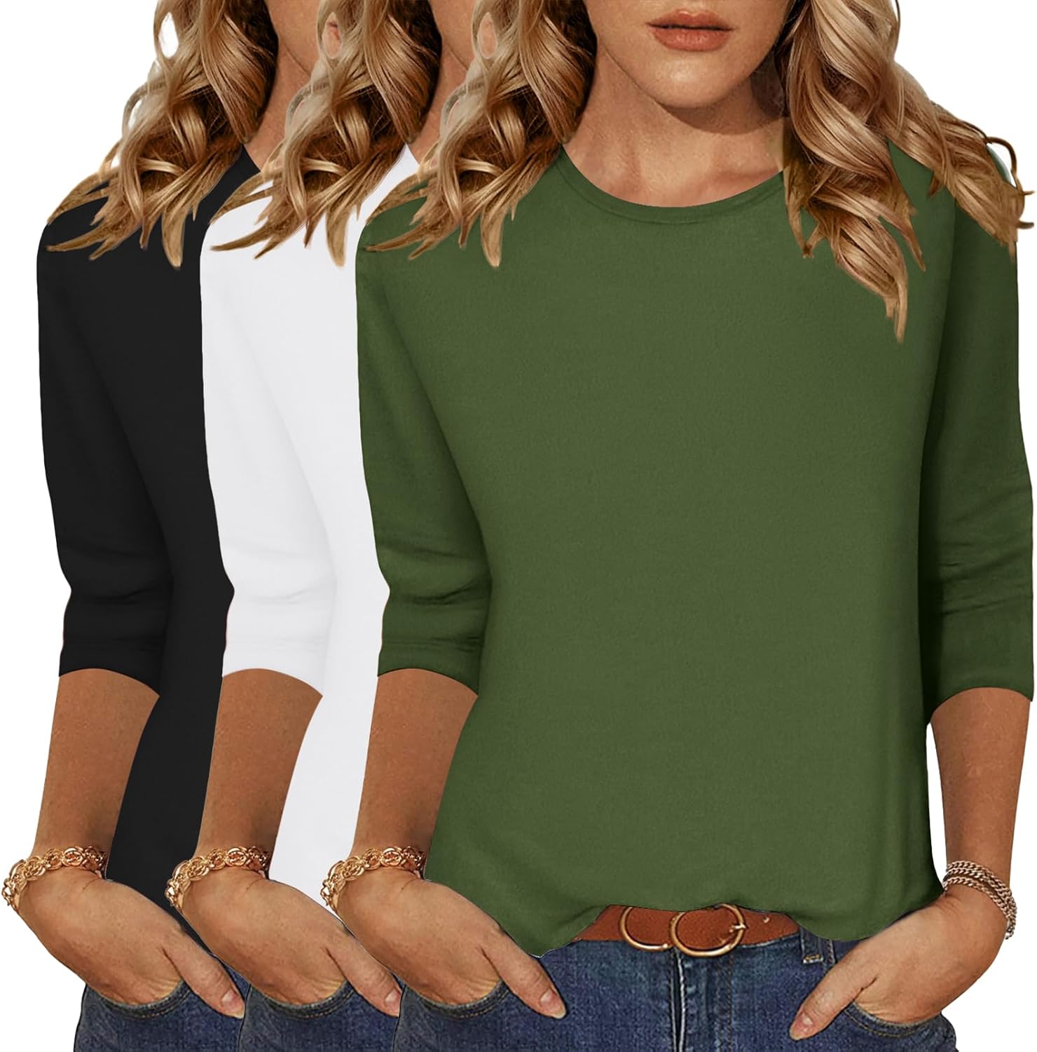 Zeagoo Tops for Women 3 Pack 3/4 Sleeve Crewneck Cute Basics Tees Casual Fashion Summer T Shirts Business Work Tee Top