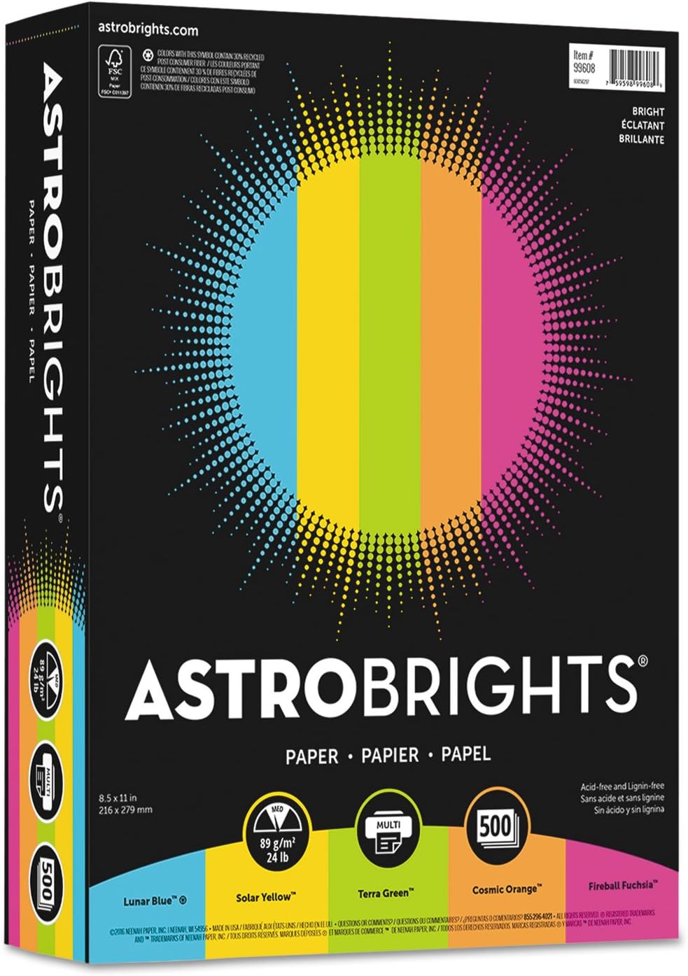 Neenah Astrobrights® Bright Color Paper, Letter Size Paper, 24 lb, Assorted Colors, 500 Sheets