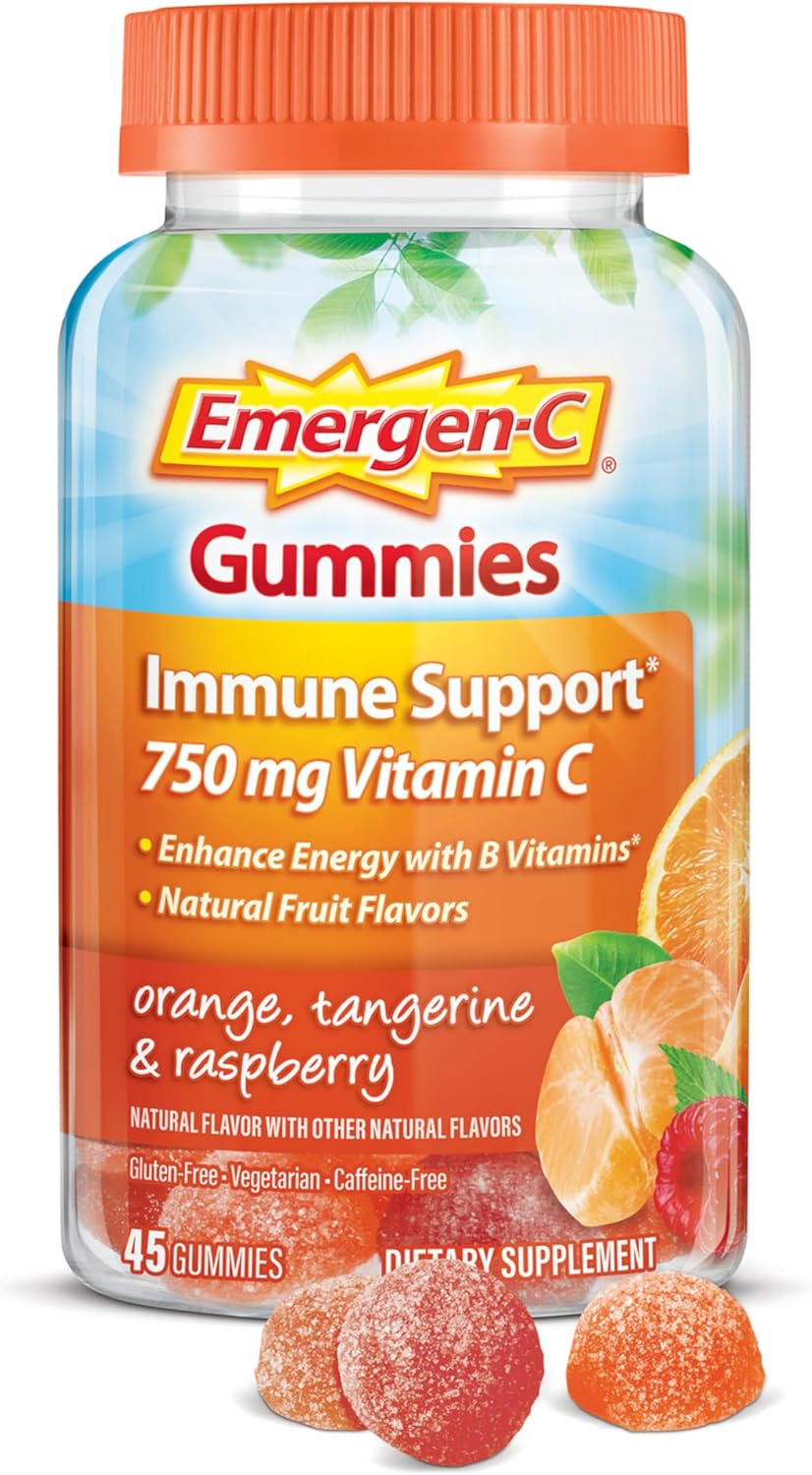 Emergen-C 750mg Vitamin C Gummies for Adults, Immunity Gummies with B Vitamins, Gluten Free, Orange, Tangerine and Raspberry Flavors, 45 Count (Pack of 1)