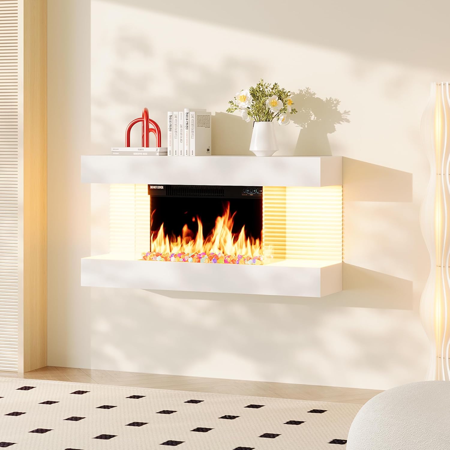 COCO DESIGN 18 Inch Wall Mounted Electric Fireplace with 32-Inch Floating Mantel, All-in-One Fireplace with Colored Crystal Stone, Multi Ambient Light Colors with Remote, 1500W Heater, White